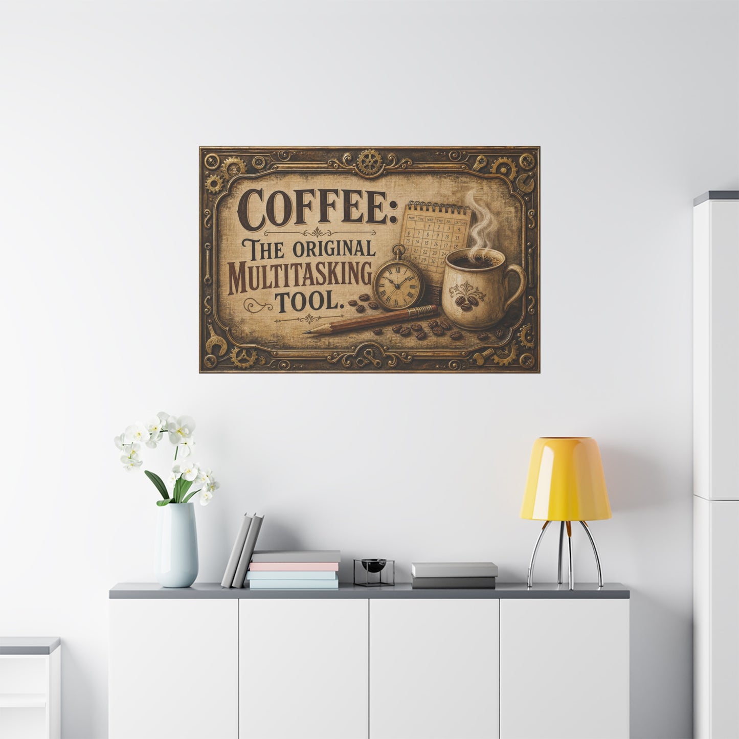 "Coffee: The Original Multitasking Tool." Canvas Wall Art - Vintage Coffee Cup Quote Print, Rustic Wall Decor, Steampunk Style, Cafe Accent - Ready to Hang - Bistro Decor - Espresso Bar Sign