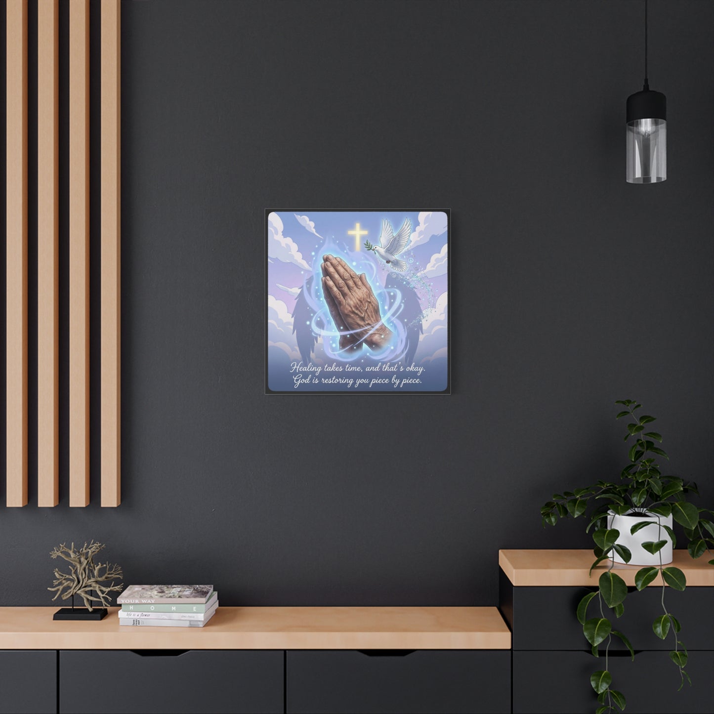 "Healing Takes Time, And That’s Okay. God Is Restoring You Piece By Piece." Christian Canvas Wall Art - Praying Hands, Dove, Cross - Faith Inspired Blue Sky Decor - Bedroom Living Room Office