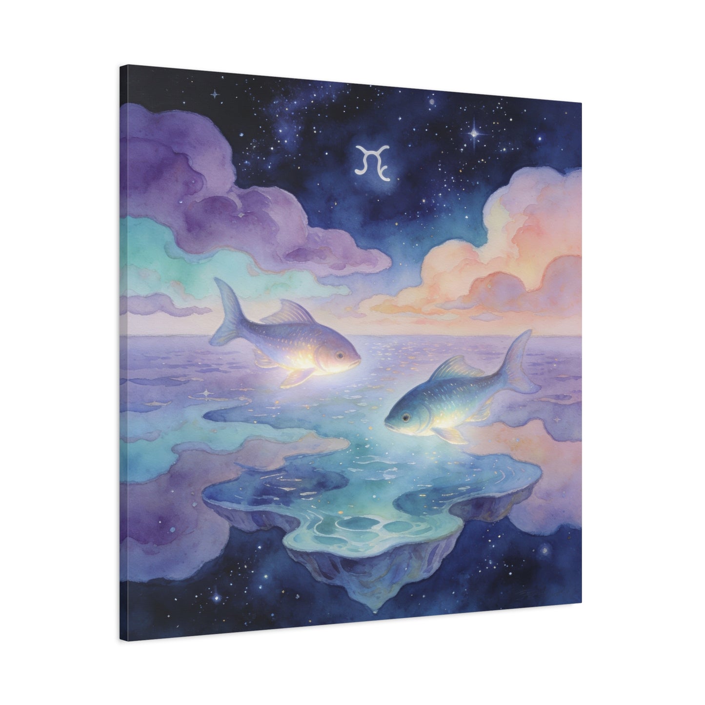 Pisces Zodiac Canvas Wall Art - Celestial Fish Over Dreamlike Sea, Watercolor Illustration - Mystical Night Sky, Matte Canvas Print - Bedroom Wall Decor, Meditation Space Accent - Ready to Hang