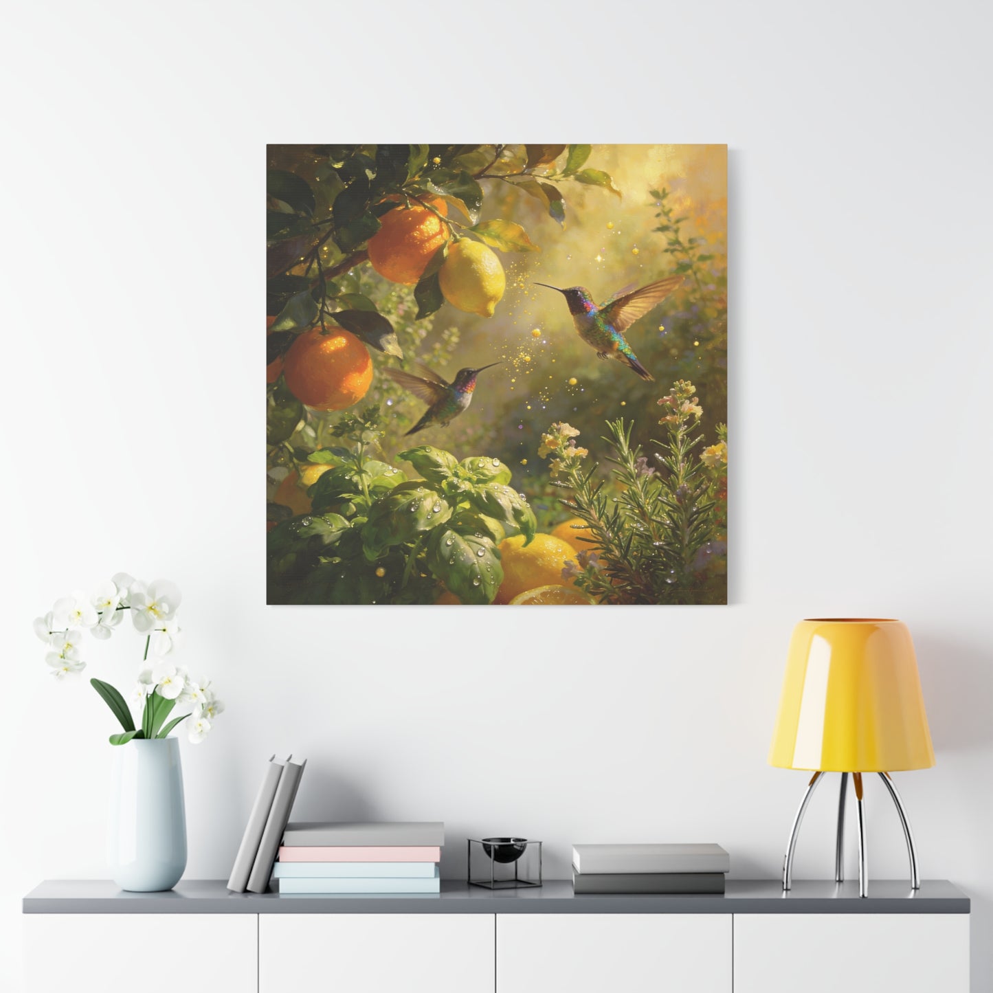 Hummingbird Citrus Canvas Wall Art - Lemon Orange Botanical Garden Print - Golden Light, Nature Home Decor, Living Room Wall Decor, Bedroom Home Decoration, Matte Finish Canvas - Cozy Reading Nook Art