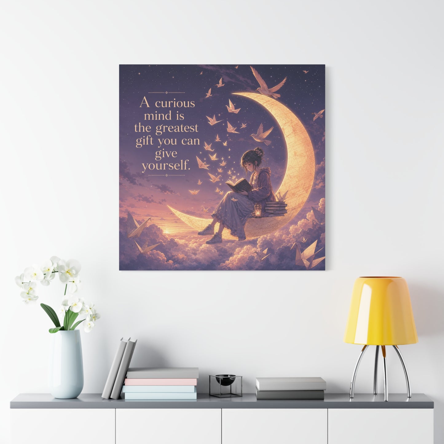 "A Curious Mind Is The Greatest You Can Give Yourself" Canvas Wall Art - Moon Reading Girl Quote Print, Dreamy Celestial Illustration - Bedroom Wall Decor, Home Office Accent - Ready to Hang