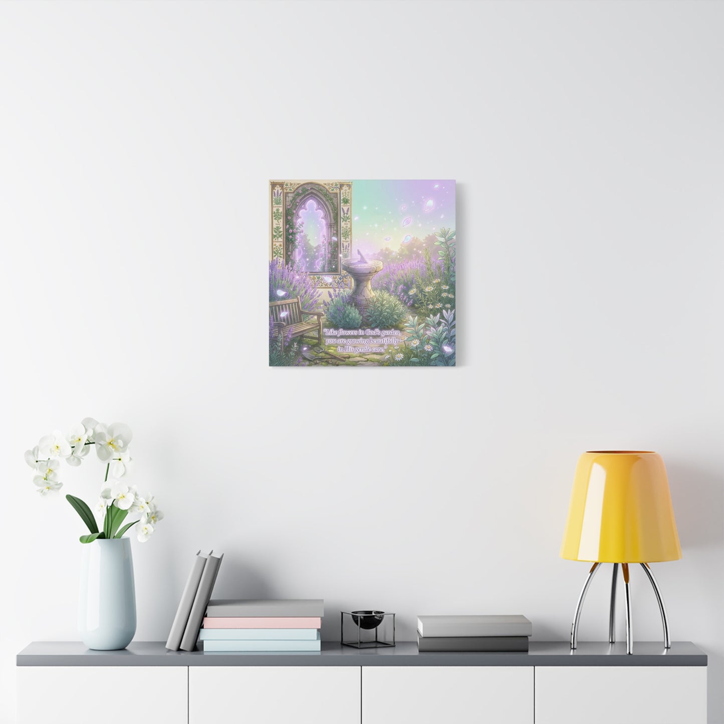 "Like Flowers In God's Garden, You Are Growing Beautifully In His Gentle Care" Canvas Wall Art - Lavender Garden Arch, Sundial Bench - Pastel Botanical Decor For Bedroom Living Room - Office Wall Art