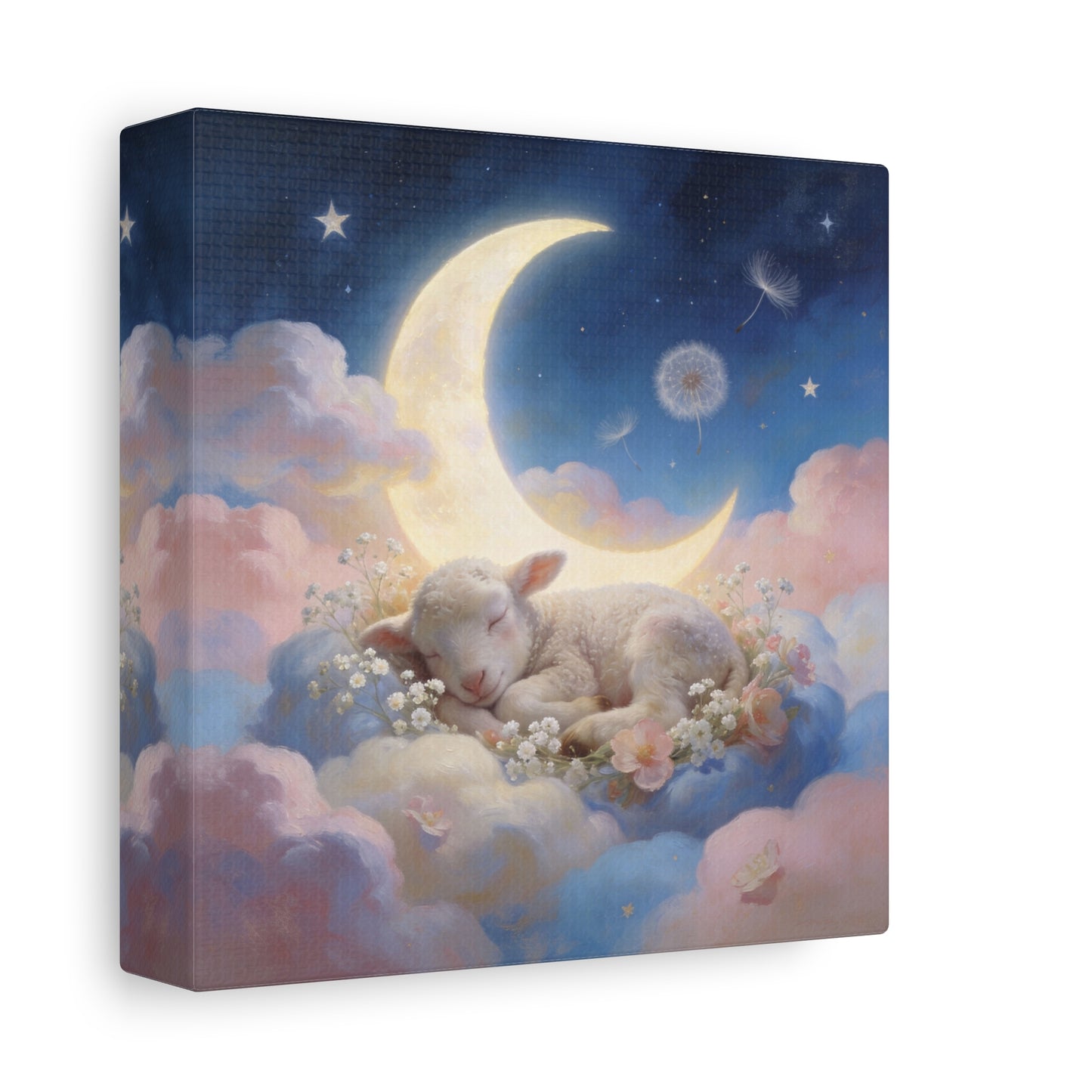 Sleeping Lamb Canvas Wall Art - Crescent Moon, Stars, Pink Clouds Nursery Decor - Dreamy Pastel Animal Painting, Bedroom Home Decoration, Bohemian Wall Hanging, Kids Room Accent - Ready to Hang