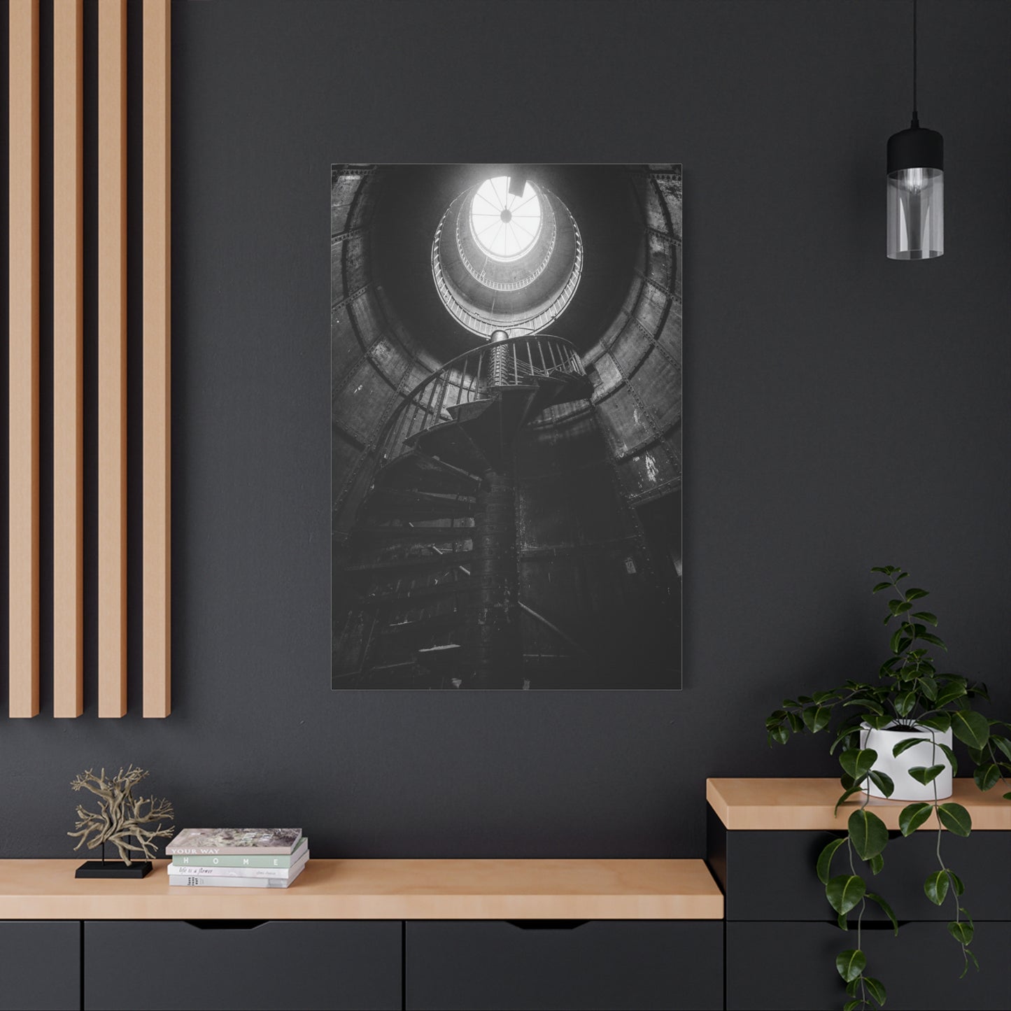 Black And White Spiral Staircase Canvas Wall Art - Architectural Art Print, Industrial Contemporary Style, Moody Home Decor, Home Office Wall Art, Living Room Accent - Modern Farmhouse Style