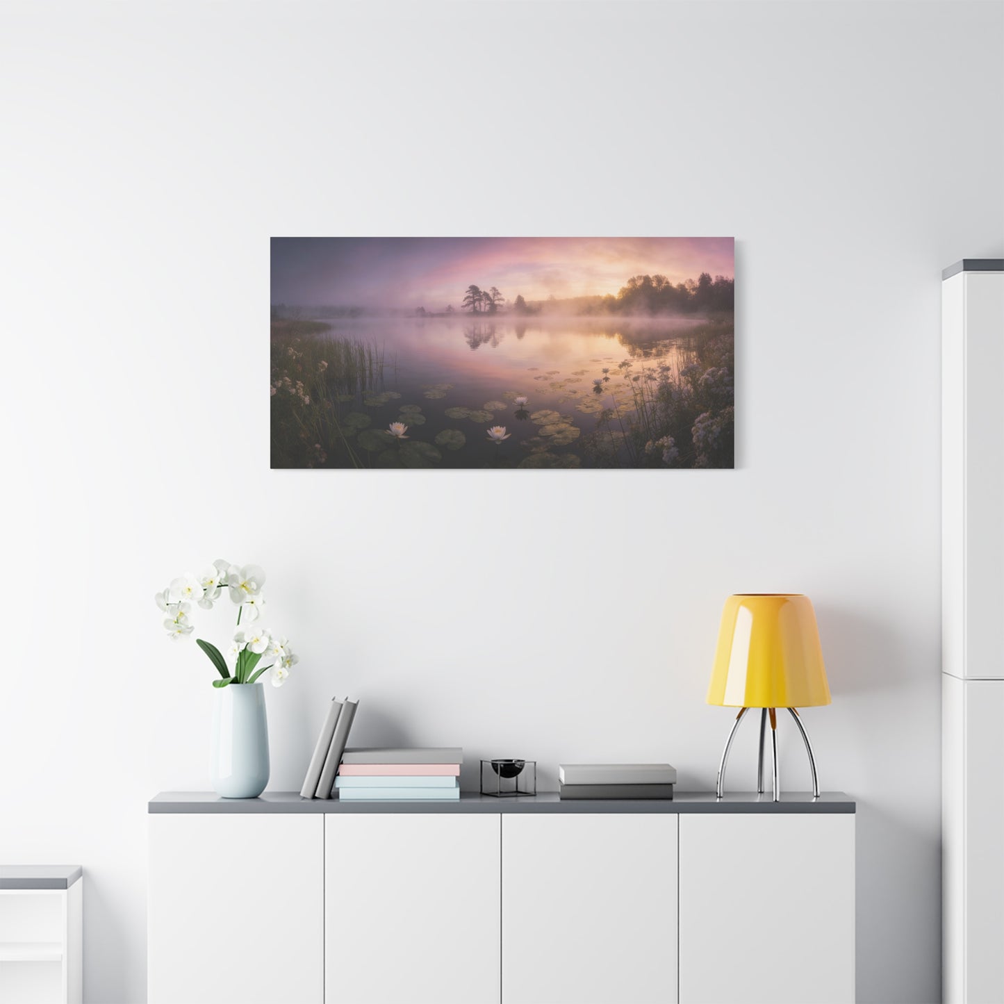 Misty Lake Sunrise Canvas Wall Art - Water Lily Pond Landscape Art Print, Soft Pink And Gold Sky - Serene Nature Decor - Matte Finish Canvas Print - Living Room Wall Decor Bedroom Home Decoration