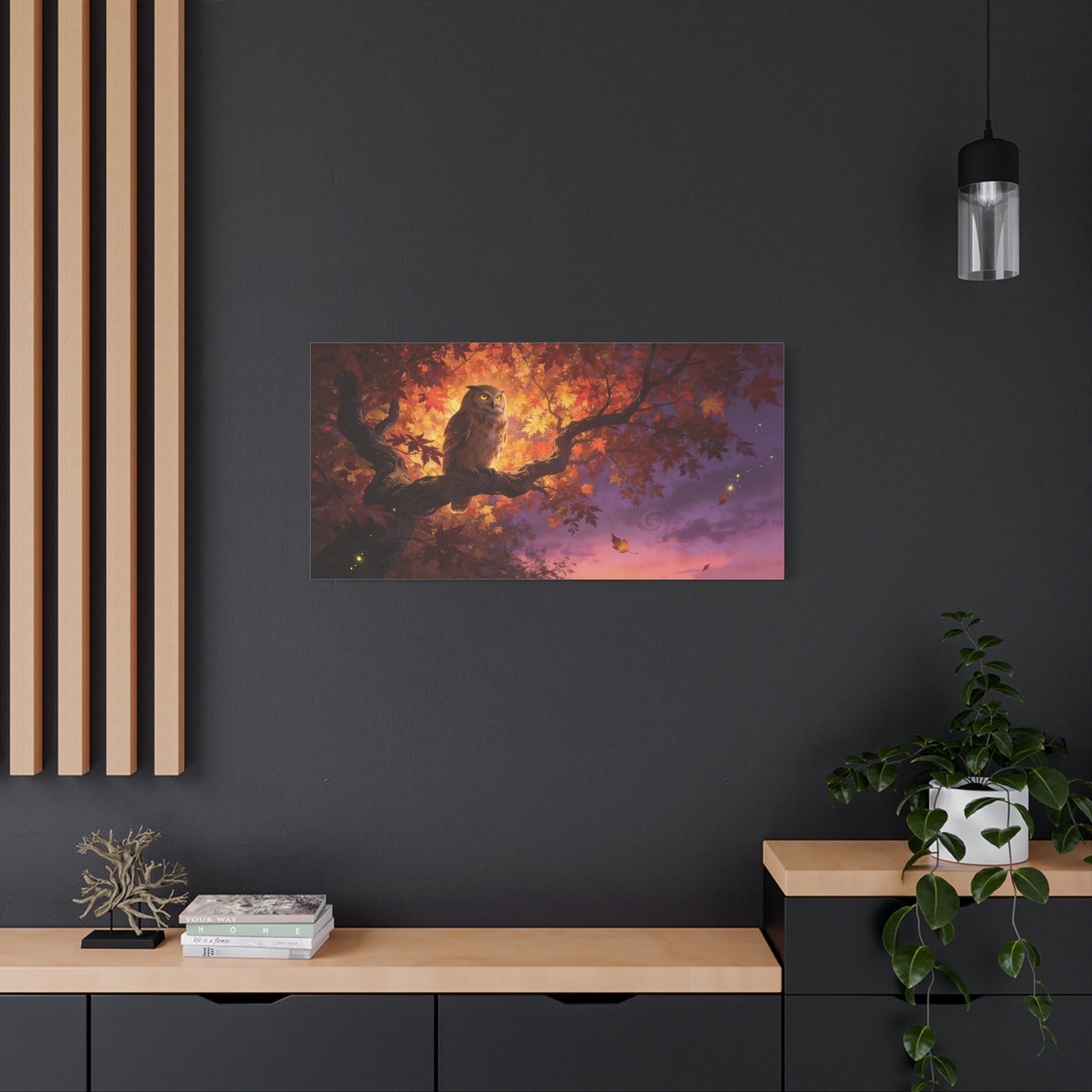 Owl Canvas Wall Art - Autumn Tree Branch Wildlife Illustration, Glowing Twilight Sky - Matte Canvas Print, Rustic Nature Style - Living Room Wall Decor, Bedroom Home Decoration - Cozy Reading Nook Art