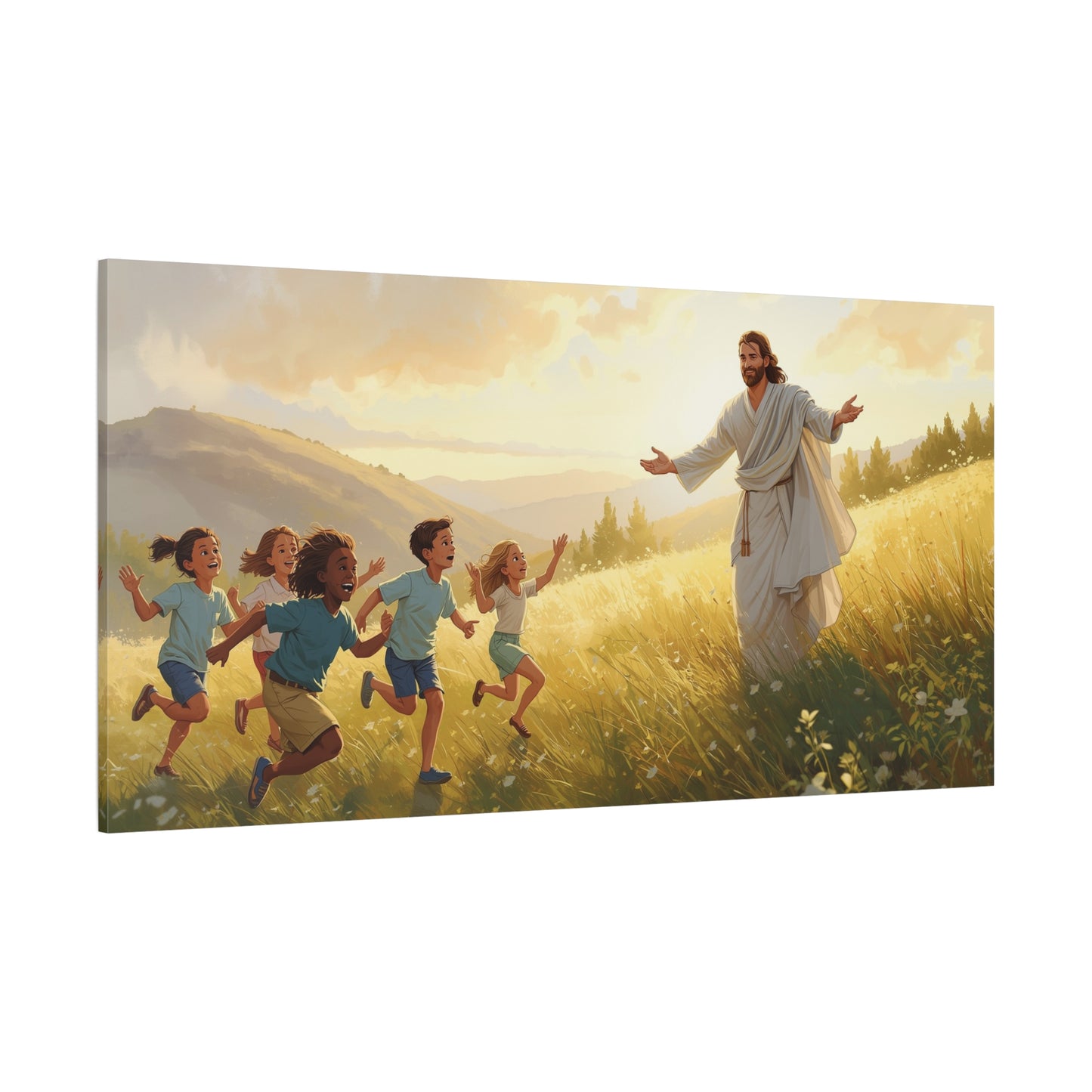 Jesus Christ With Children Canvas Wall Art - Golden Meadow Landscape, Christian Home Decor Print - Matte Cotton Canvas - Traditional Style For Living Room Bedroom Office - Living Room Wall Decor
