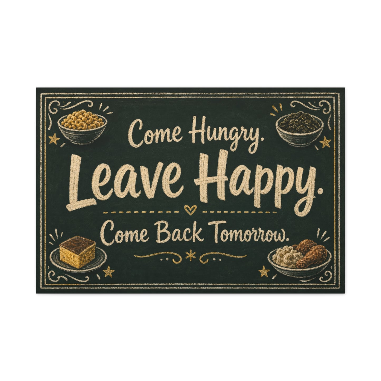 "Come Hungry. Leave Happy. Come Back Tomorrow." Canvas Wall Art - Chalkboard Food Quote Print, Rustic Farmhouse Style, Restaurant Accent - Restaurant Wall Decor - Bistro Sign Decor - Ready to Hang