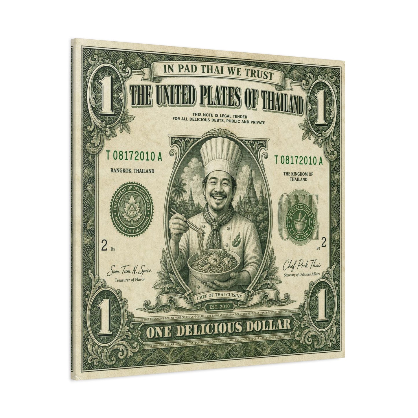 "In Pad Thai We Trust" Typography Canvas Wall Art - Vintage Thai Currency Illustration, Chef Portrait, Bangkok Thailand Food Poster Style - Kitchen Wall Decor, Dining Room Accent - Ready to Hang