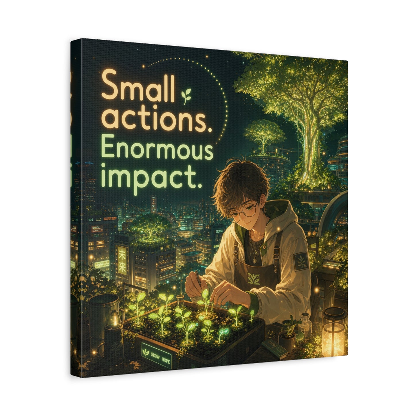 "Small Actions. Enormous Impact." Inspirational Canvas Wall Art - Anime Boy Gardening Cityscape - Glowing Green Night Illustration - Bedroom Home Decoration, Home Office Decor - Living Room Wall Decor