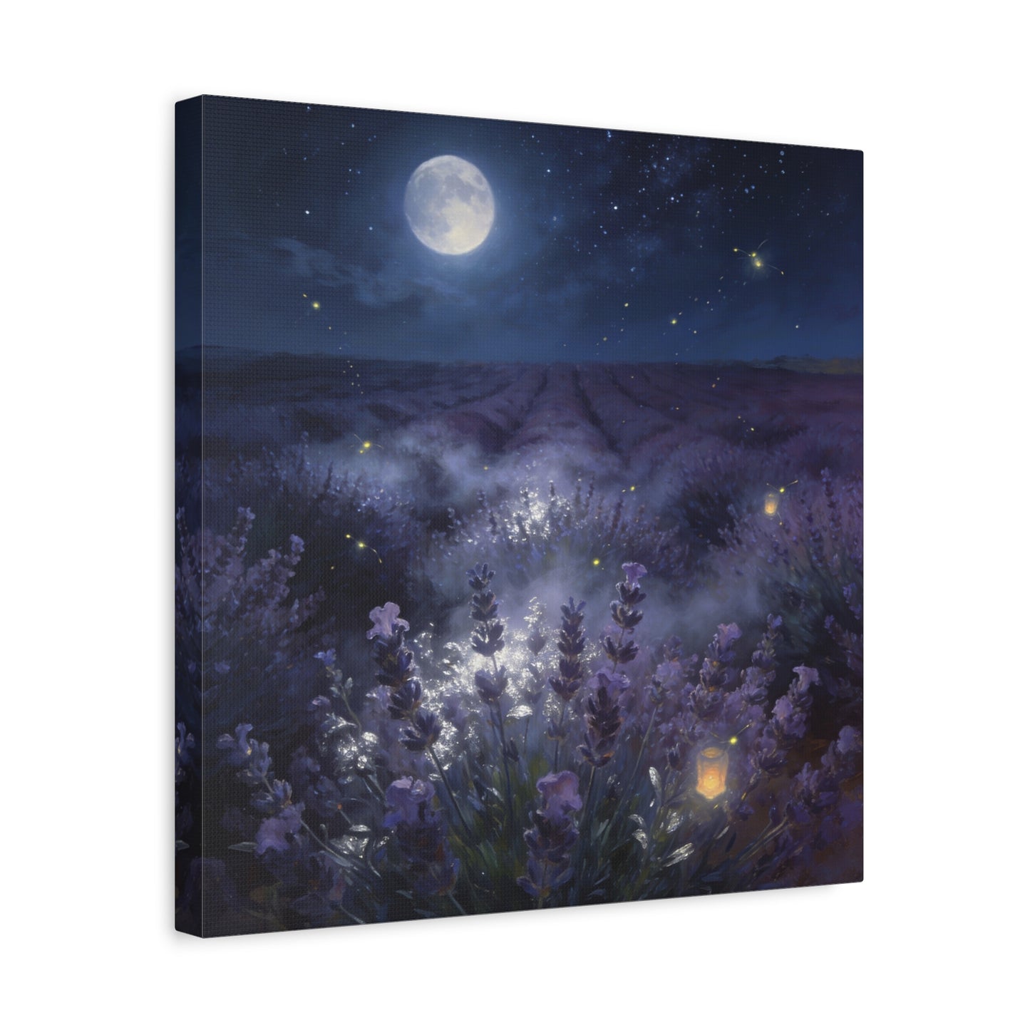 Moonlit Lavender Field Canvas Wall Art - Firefly Night Landscape, capiz shells wall decor - Matte Cotton Art Print, Calming Traditional Style - Bedroom Home Decoration, Office Wall Art - Ready to Hang