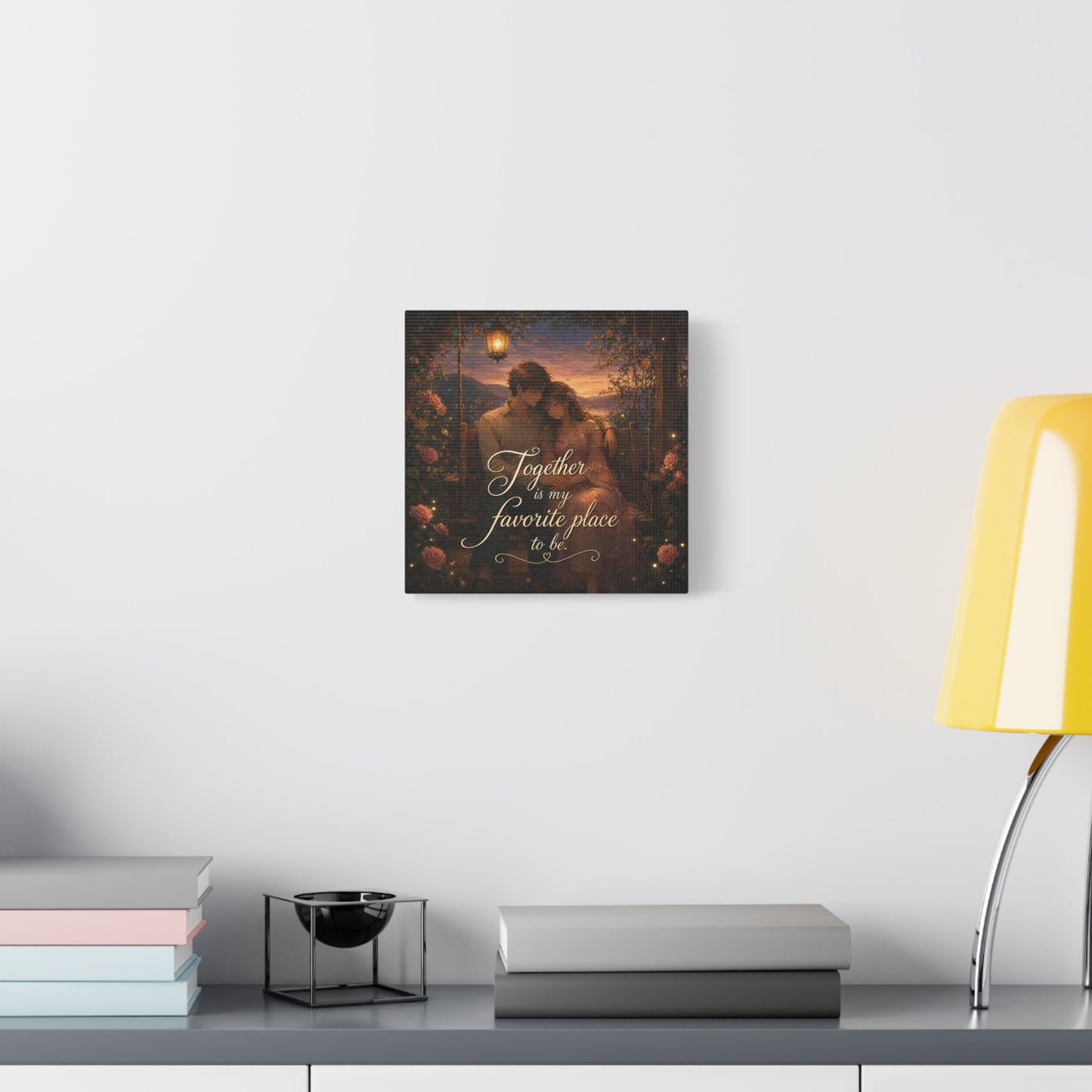 "Together Is My Favorite Place To Be" Romantic Couple Canvas Wall Art - Lantern Swing Sunset Lake Scene, Floral Garden Love Quote Print - Vintage Bedroom Decor - Office Wall Art - Ready to Hang