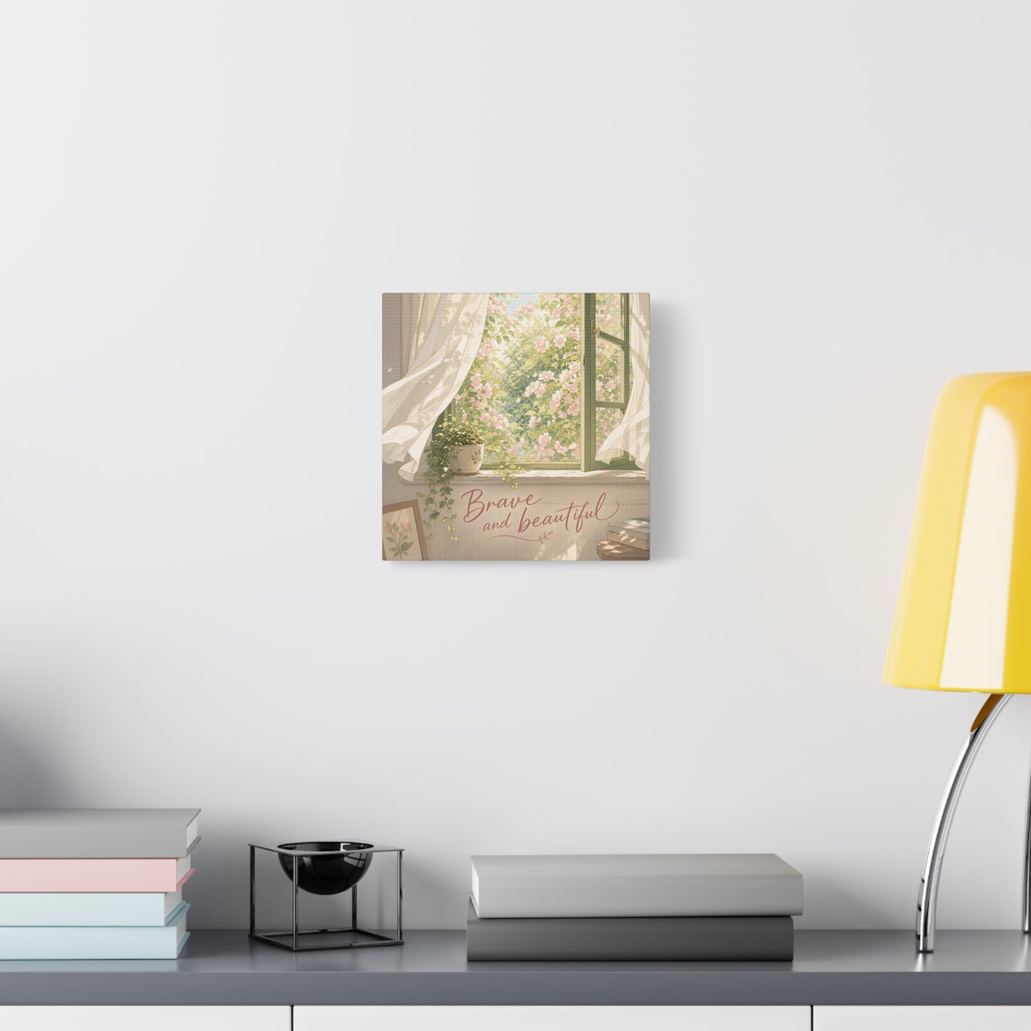 "Brave And Beautiful" Inspirational Canvas Wall Art - Open Window Pink Blossoms, Sheer Curtains, Botanical Quote Print - Soft Vintage Style - Bedroom Wall Decor, Living Room Accent - Ready to Hang