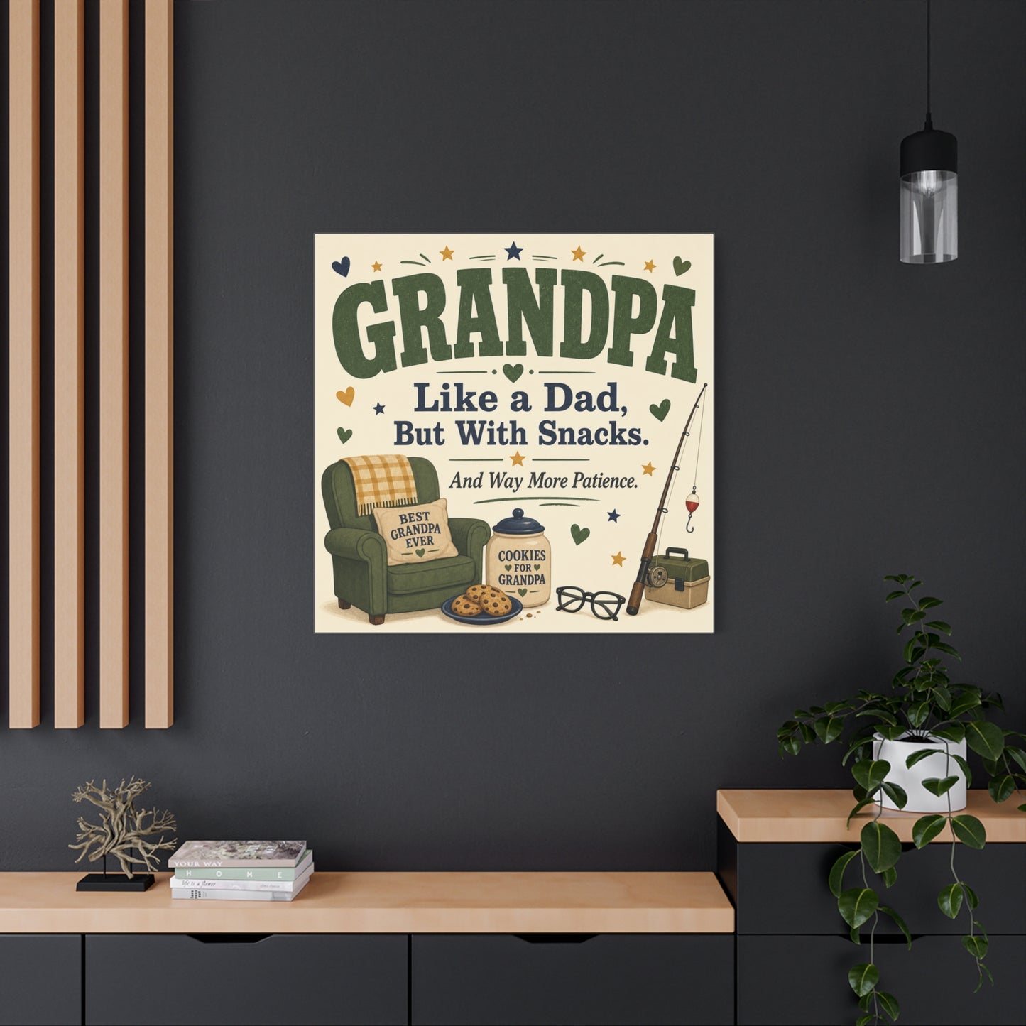 "Grandpa Like A Dad, But With Snacks. And Way More Patience." Canvas Wall Art - Rustic Typography Grandpa Quote Print, Farmhouse Living Room Decor - Office Wall Art - Bedroom Home Decoration