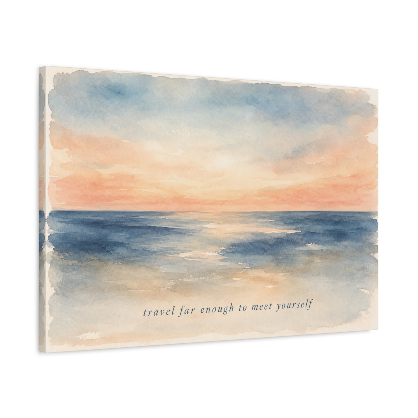"Travel Far Enough To Meet Yourself" Coastal Canvas Wall Art - Watercolor Ocean Sunset Quote Print - Serene Beach Seascape Decor - Bedroom Living Room Wall Decor - Bedroom Home Decoration