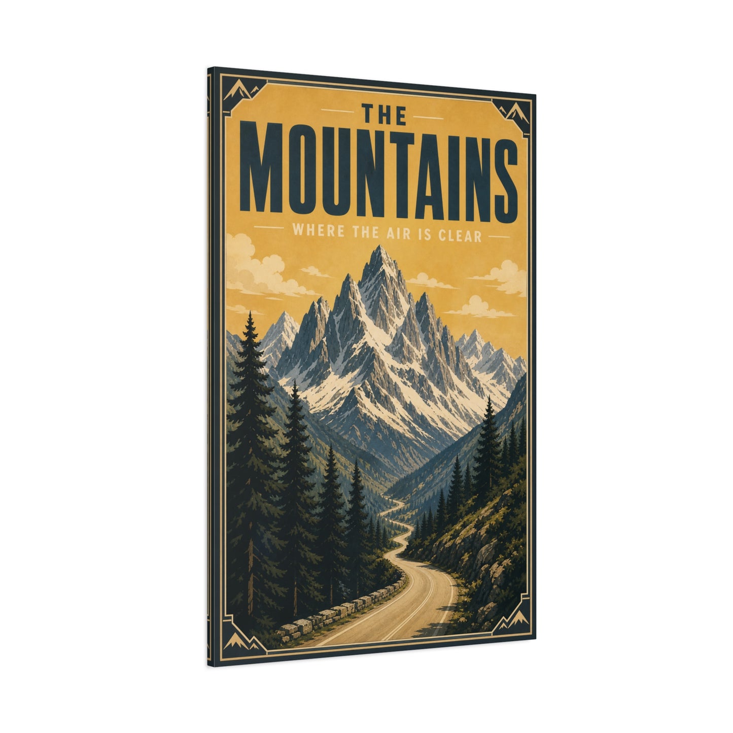 "The Mountains Where The Air Is Clear" Canvas Wall Art - Vintage Mountain Landscape Print, Golden Alpine Road Poster Style, Rustic Cabin Wall Decor - Ready to Hang - Bedroom Home Decoration