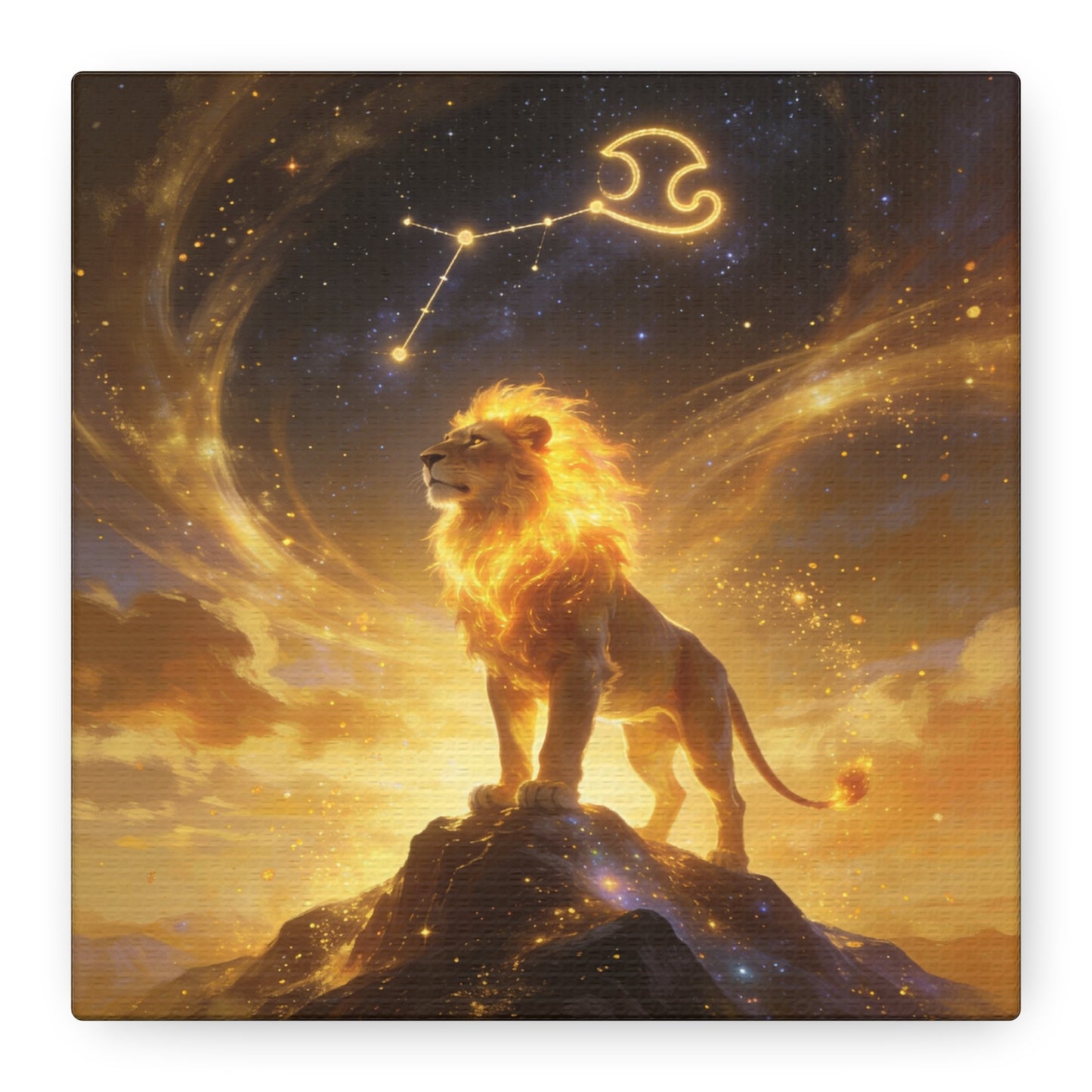 Leo Zodiac Lion Canvas Wall Art - Celestial Astrology Constellation Print, Glowing Gold Cosmic Sky - Fantasy Style, Living Room Wall Decor Bedroom Home Decoration Office Art - Bedroom Home Decoration