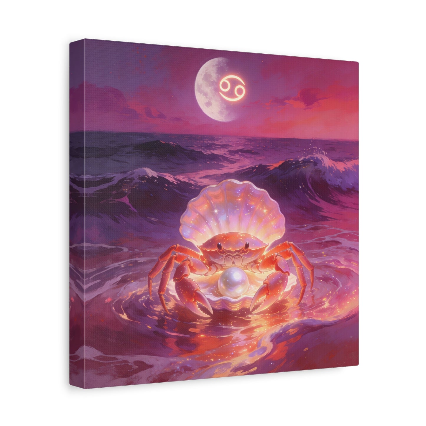 Cancer Zodiac Crab Canvas Wall Art - Moonlit Ocean Pearl Illustration, Pink Purple Seascape - Surreal Coastal Style - Living Room Wall Decor, Bedroom Home Decoration - Bedroom Home Decoration