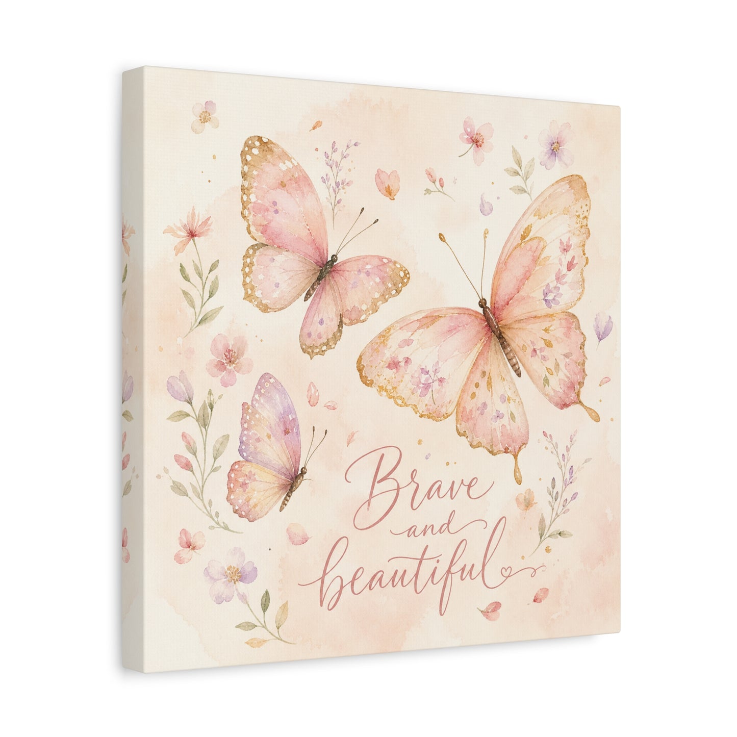 "Brave And Beautiful" Butterfly Canvas Wall Art - Pink Floral Watercolor Quote Print - Inspirational Girls Bedroom Decor - Nursery Wall Hanging - Bedroom Home Decoration - Modern Farmhouse Style