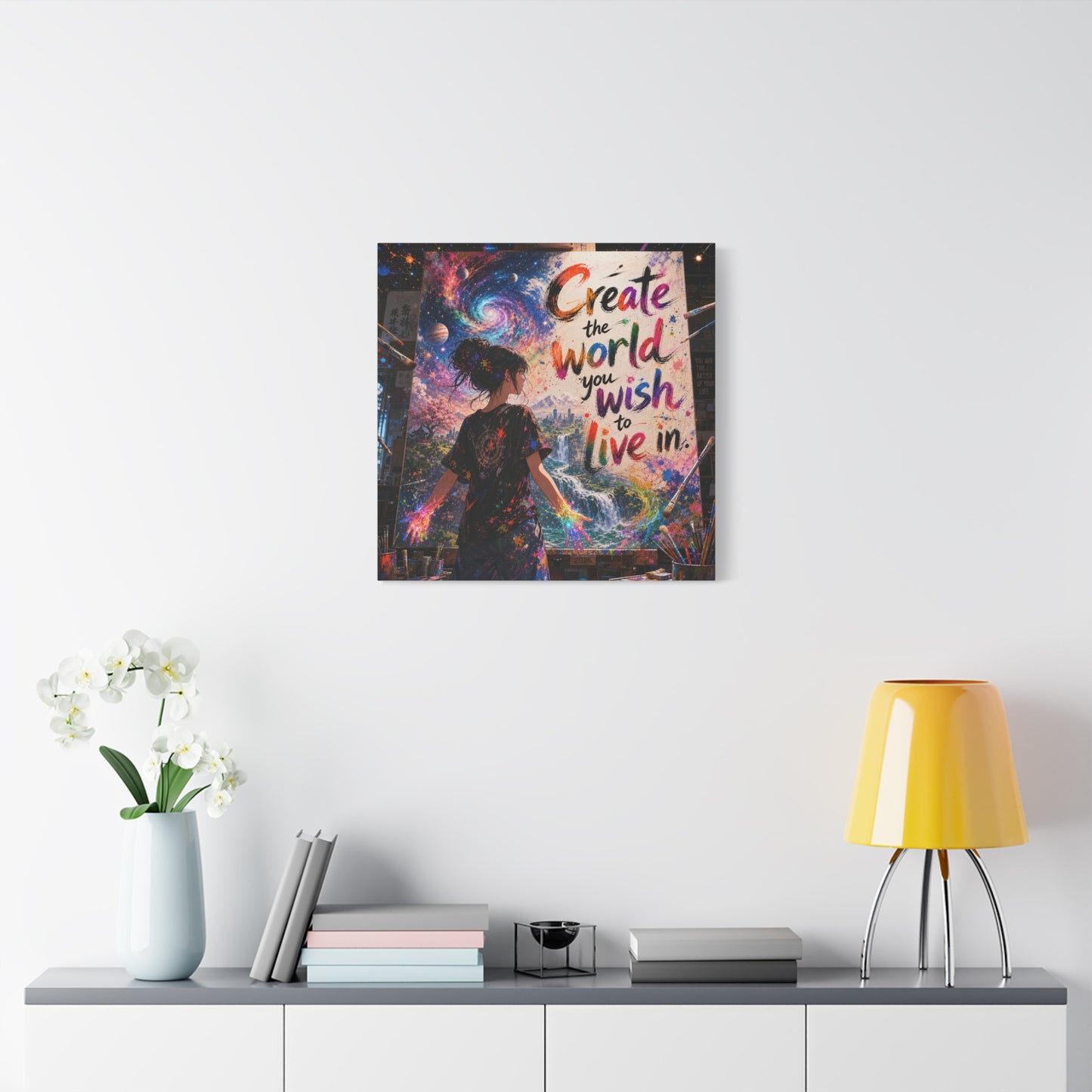 "Create The World You Wish To Live In" Inspirational Canvas Wall Art - Colorful Cosmic Artist Girl Quote Print - Modern Typography Decor - Bedroom Home Decoration, Creative Office Accent