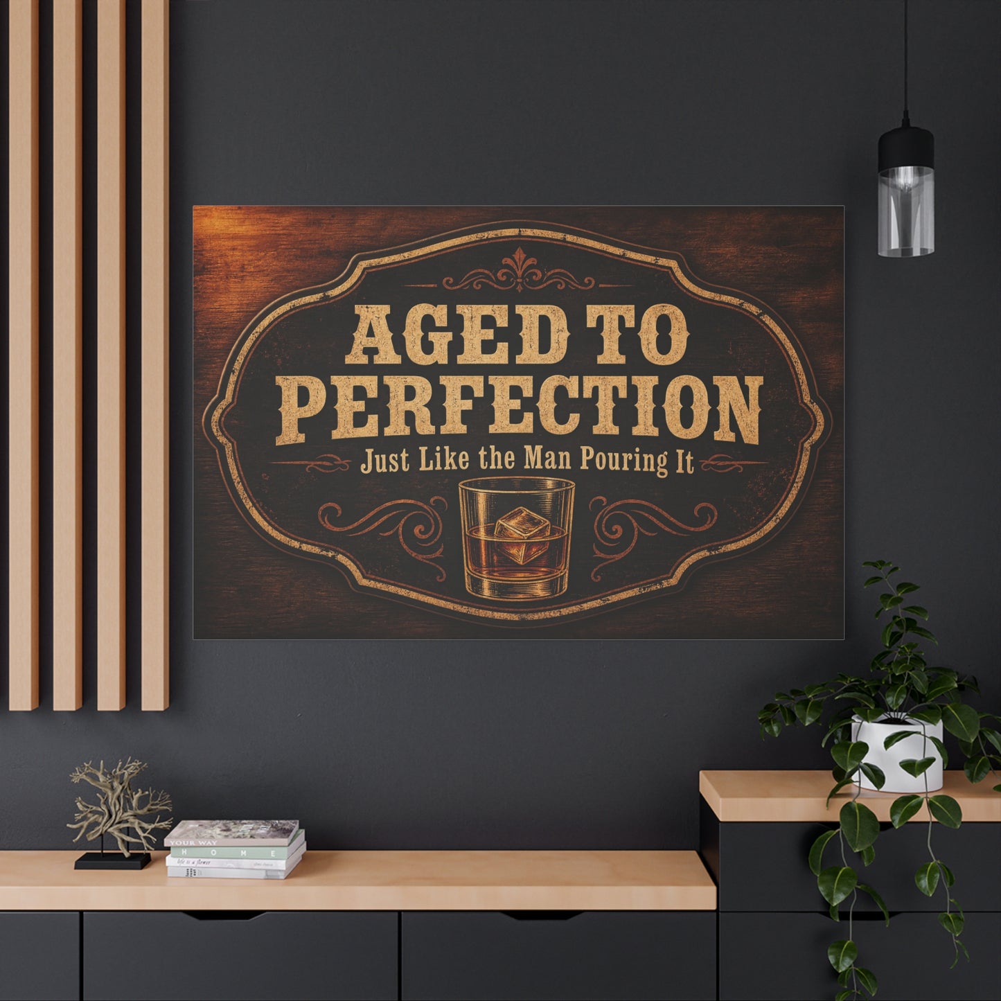 "Aged To Perfection Just Like The Man Pouring It" Whiskey Canvas Wall Art - Vintage Bar Quote Decor, Old Fashioned Glass Illustration - Office Wall Art - Ready to Hang - Cocktail Lounge Decor