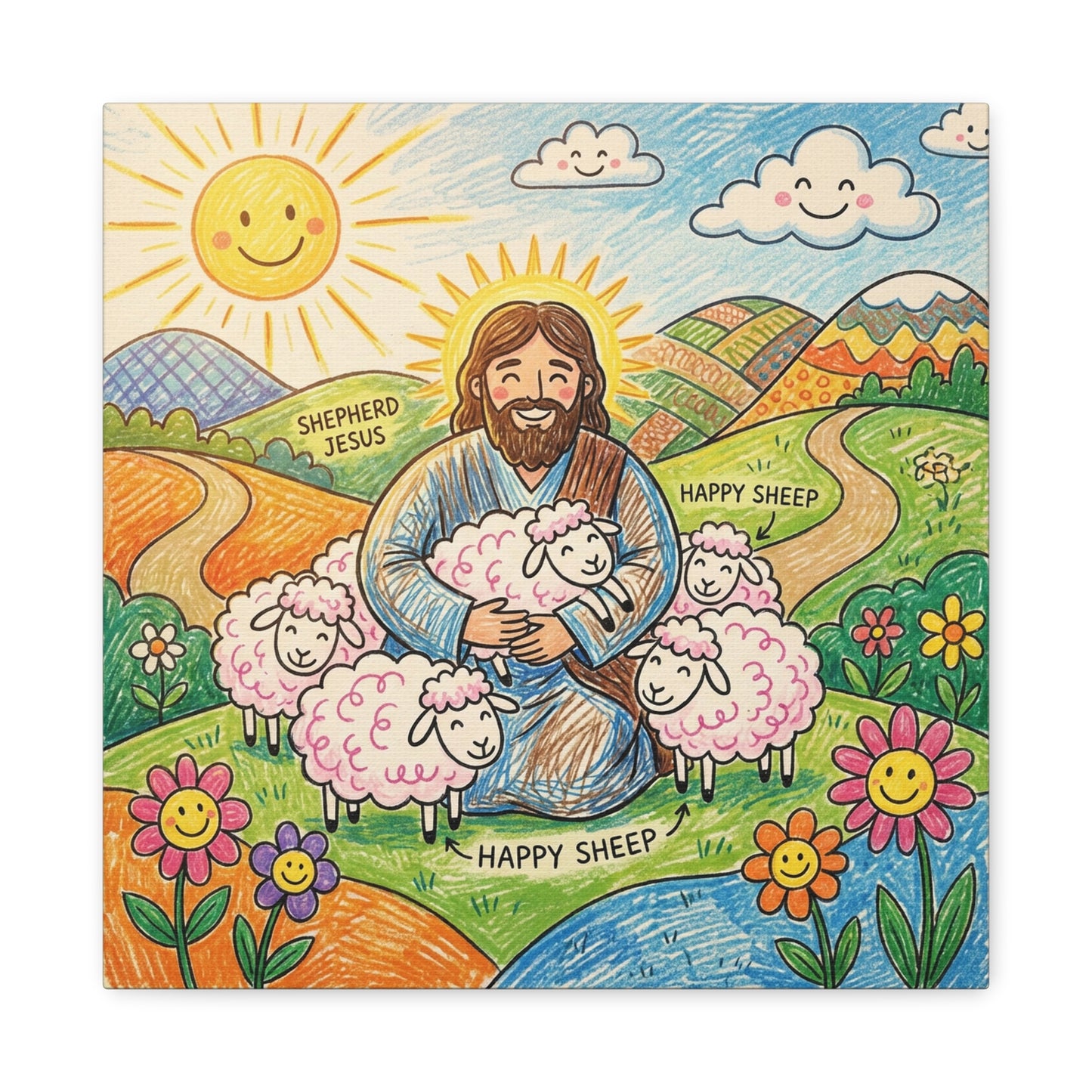 "Shepherd Jesus" "Happy Sheep" Jesus Canvas Wall Art - Christian Kids Nursery Decor, Colorful Religious Print - Matte Cotton Canvas - Playroom Bedroom Classroom Decoration - Living Room Wall Decor