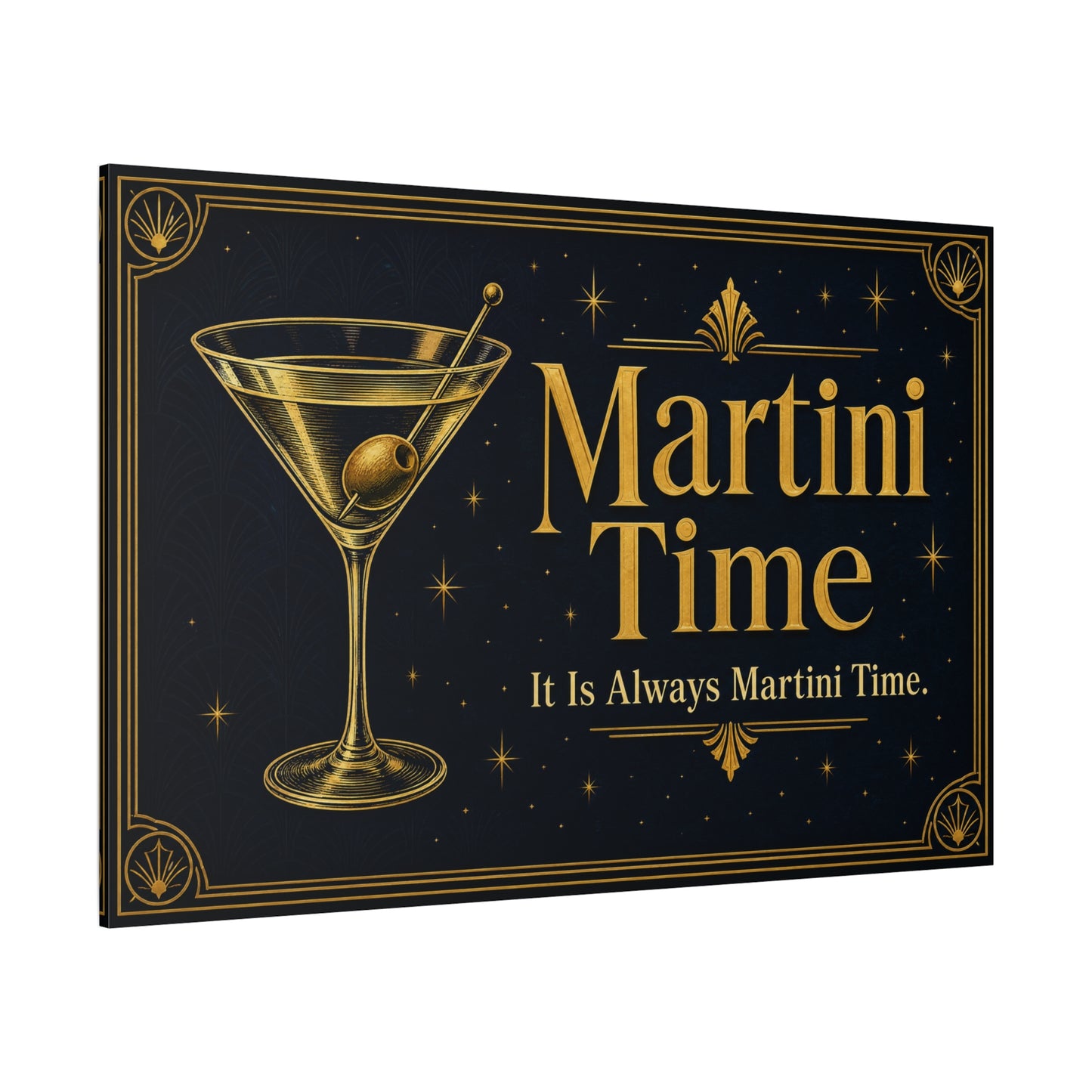 "Martini Time" Cocktail Canvas Wall Art - Art Deco Martini Glass Quote Print, Black And Gold Bar Cart Decor, Vintage Lounge Style - Ready to Hang - Ready to Hang - Tavern Wall Decor - HP Latex Print