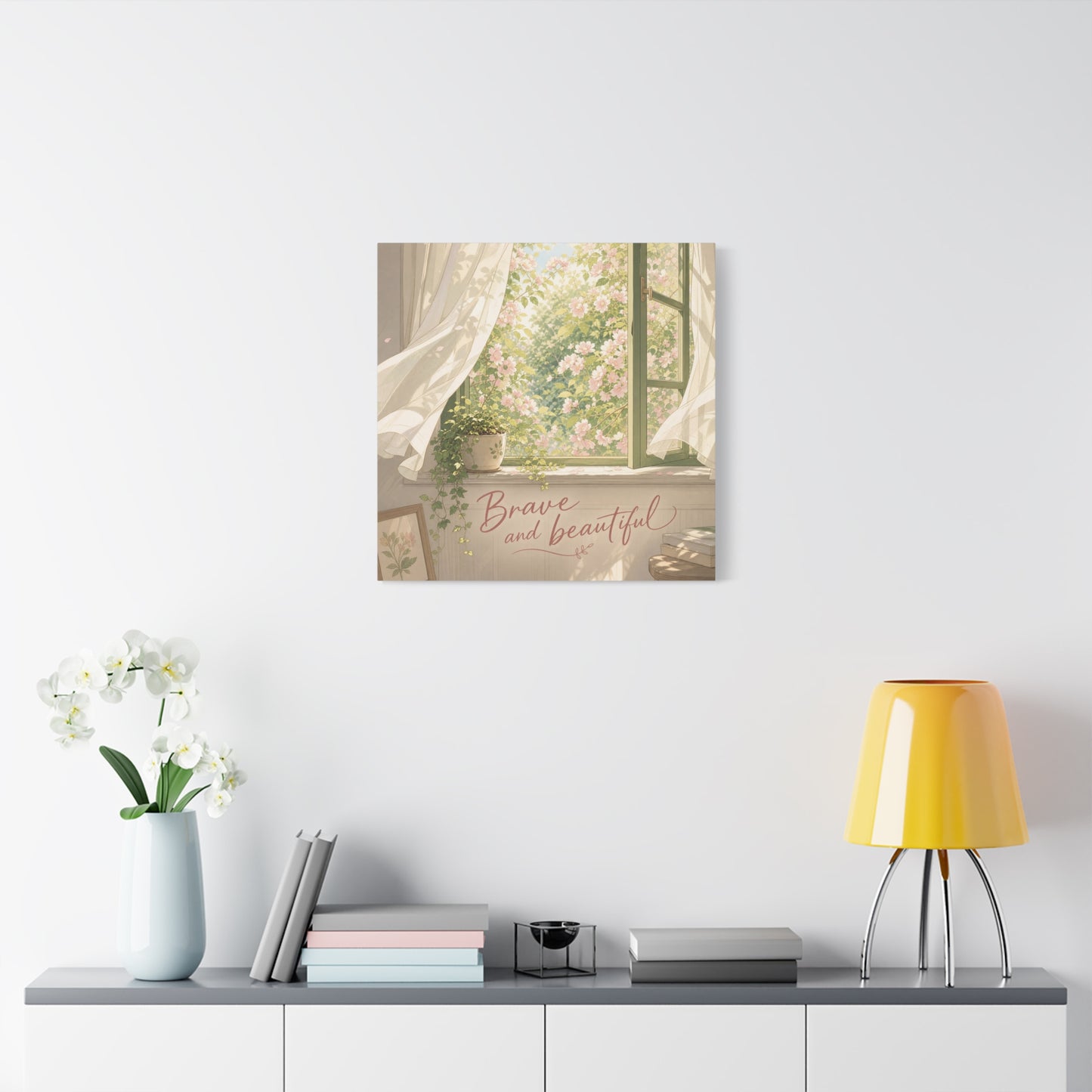 "Brave And Beautiful" Inspirational Canvas Wall Art - Open Window Pink Blossoms, Sheer Curtains, Botanical Quote Print - Soft Vintage Style - Bedroom Wall Decor, Living Room Accent - Ready to Hang