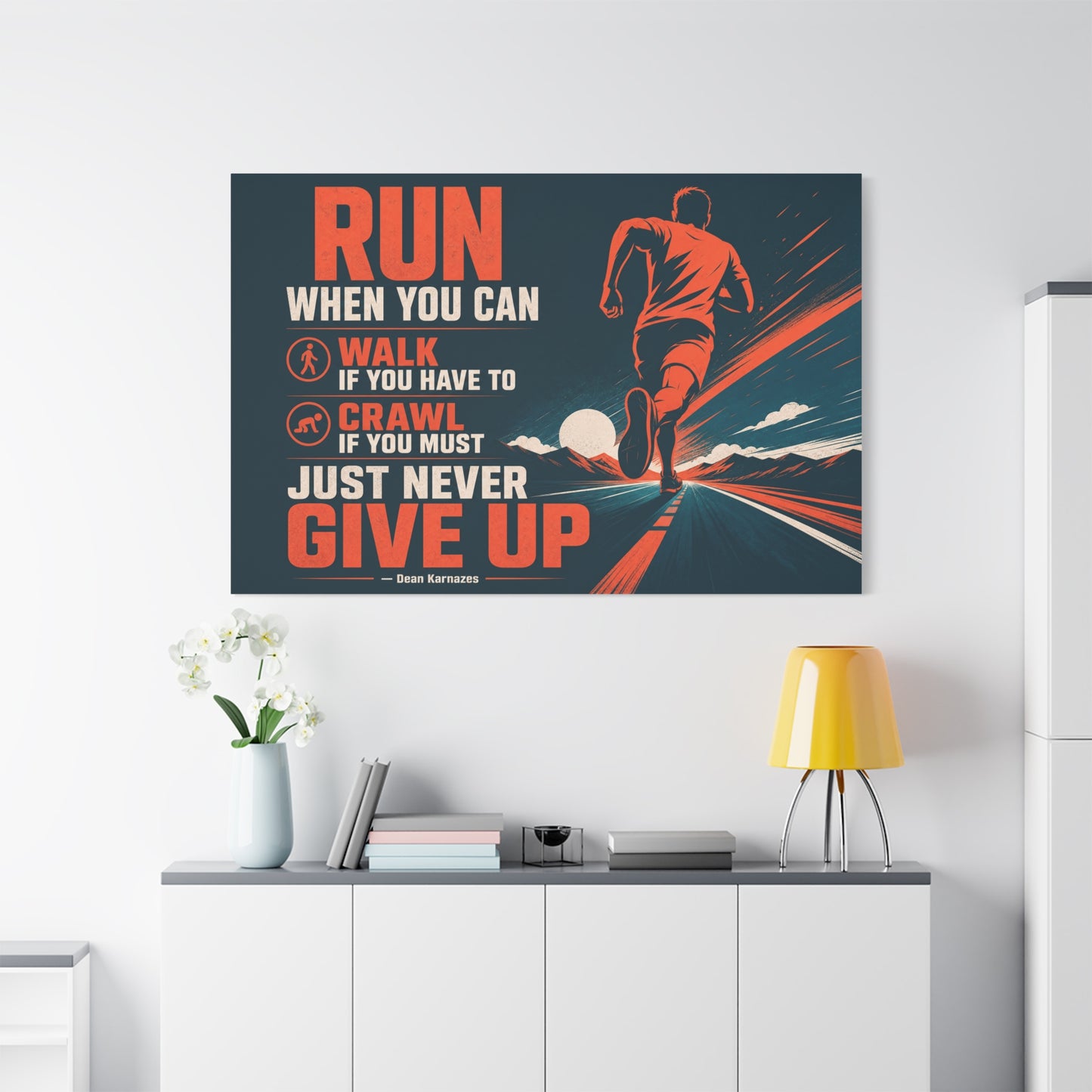 "Run When Able Walk If Needed Crawl If Required Just Never Give Up" Motivational Canvas Wall Art - Runner Road Quote Print, Retro Typography, Gym Wall Hanging - Ready to Hang - Fitness Studio Art