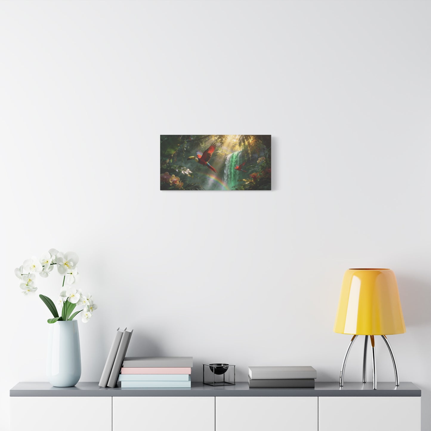 Scarlet Macaw Canvas Wall Art - Tropical Rainforest Waterfall Birds, Lush Jungle Scene, Matte Finish Canvas Print, Contemporary Nature Wall Decor For Living Room Bedroom Office - Cozy Reading Nook Art