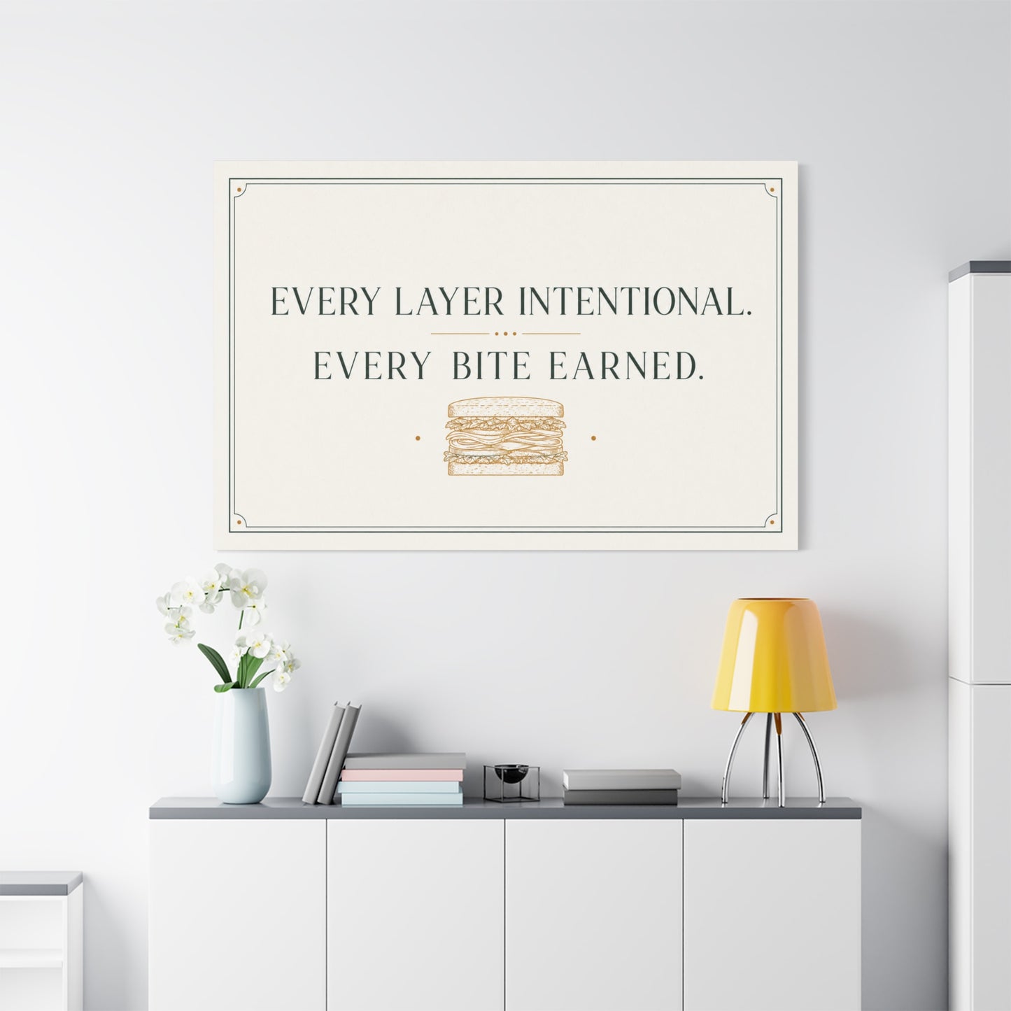 "Every Layer Intentional. Every Bite Earned." Sandwich Canvas Wall Art - Typography Decor, Minimalist Food Quote Print, Modern Decoration - Ready to Hang - Deli Wall Decor - Sandwich Shop Sign
