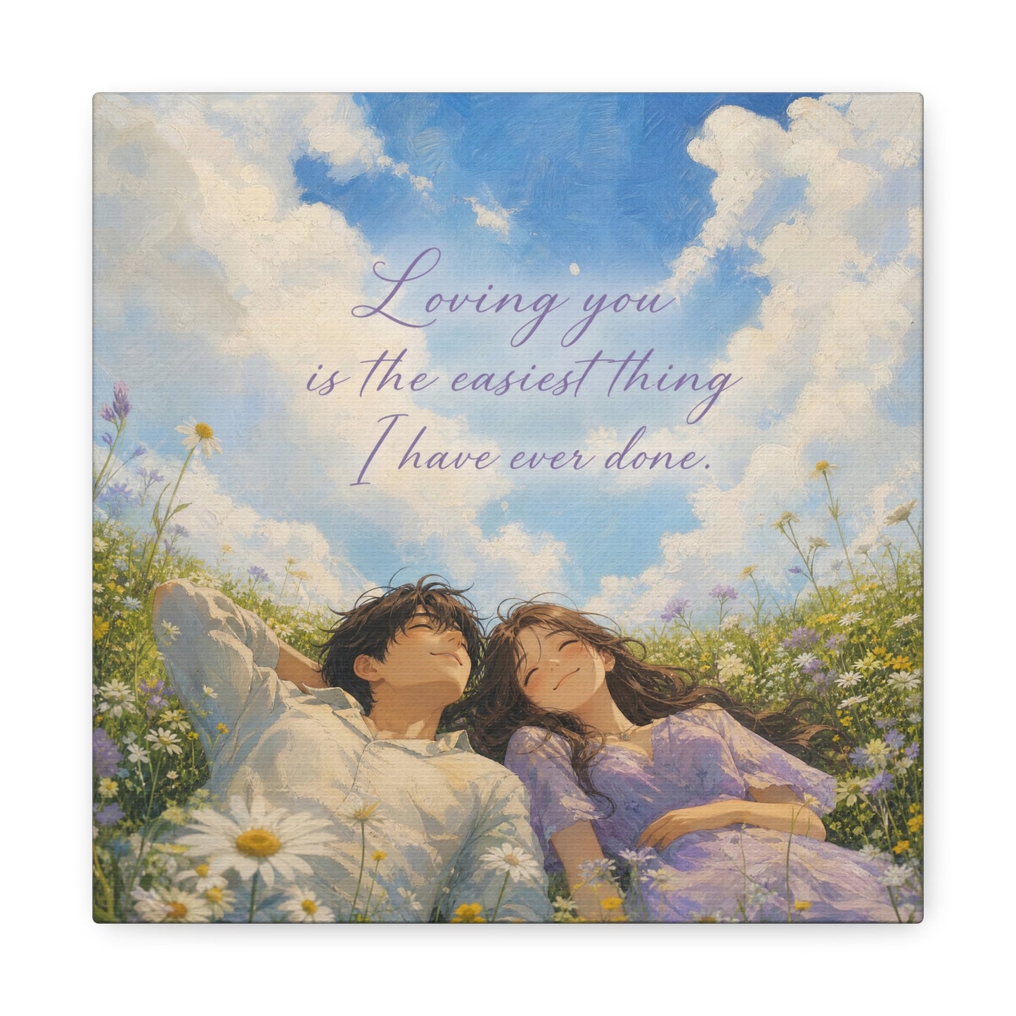 "Loving You Is The Easiest Thing I Have Ever Done." Canvas Wall Art - Romantic Couple In Wildflower Meadow Sky Quote Print - Dreamy Pastel Illustration - Ready to Hang - Living Room Wall Decor