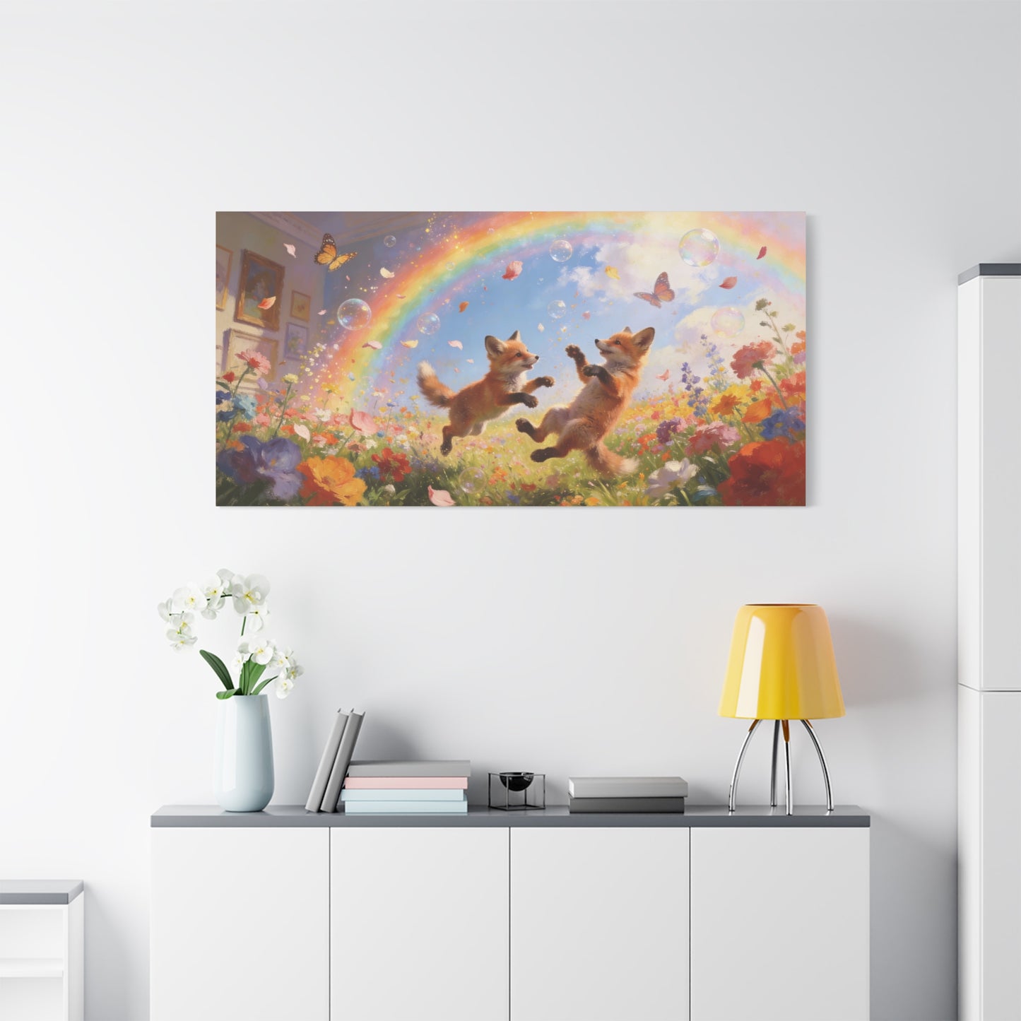 Fox Cub Canvas Wall Art - Whimsical Rainbow Meadow Painting, Butterflies And Wildflowers - Matte Canvas Print - Bohemian Nursery Wall Hanging, Bedroom Home Decoration Accent - Bedroom Home Decoration