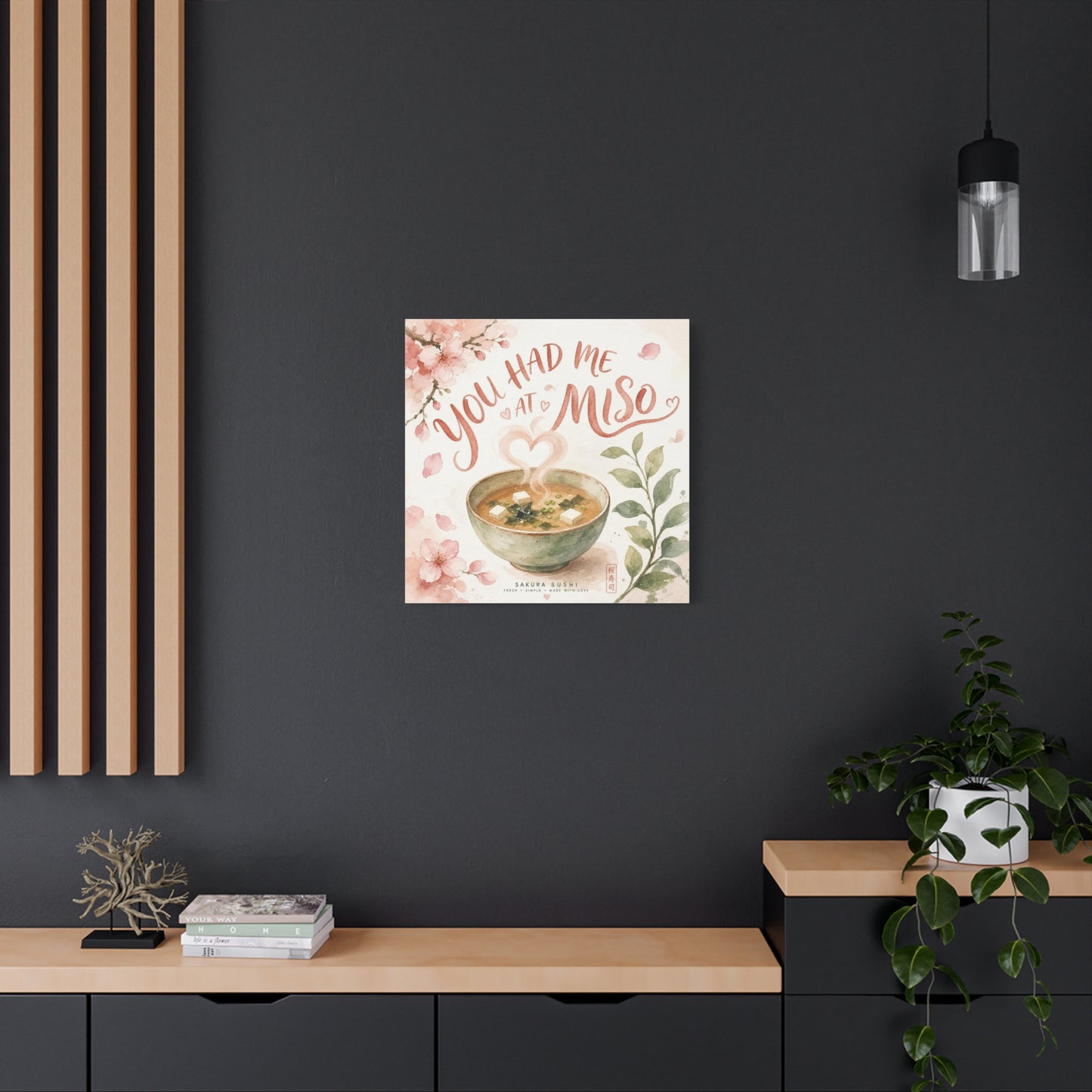 "You Had Me At Miso" Canvas Wall Art - Watercolor Soup Bowl, Cherry Blossom Typography - Japanese Food Illustration, Pink Botanical Style - Kitchen Wall Decor, Dining Room Accent - Ready to Hang