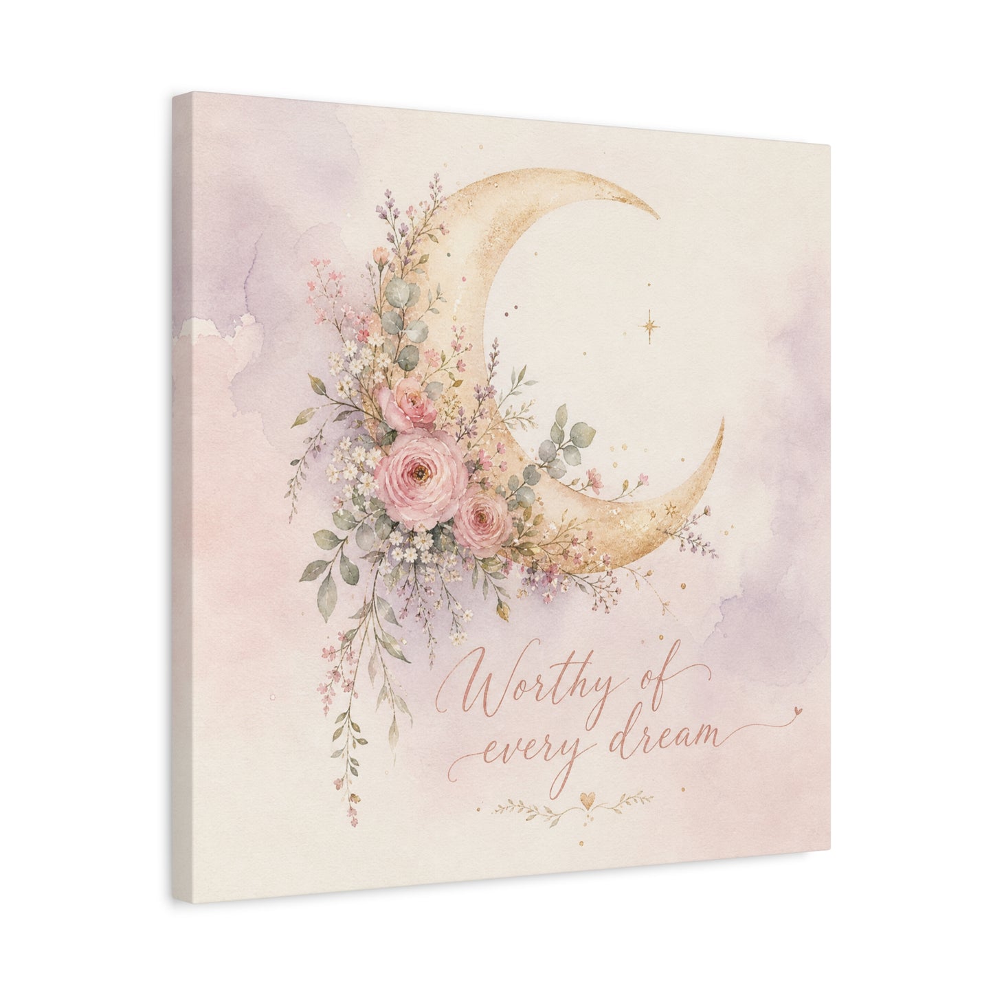 "Worthy Of Every Dream" Moon Canvas Wall Art - Floral Crescent, Inspirational Blush Gold Watercolor - Bohemian Bedroom Wall Decor - Nursery Home Decoration - Bedroom Home Decoration - Ready to Hang