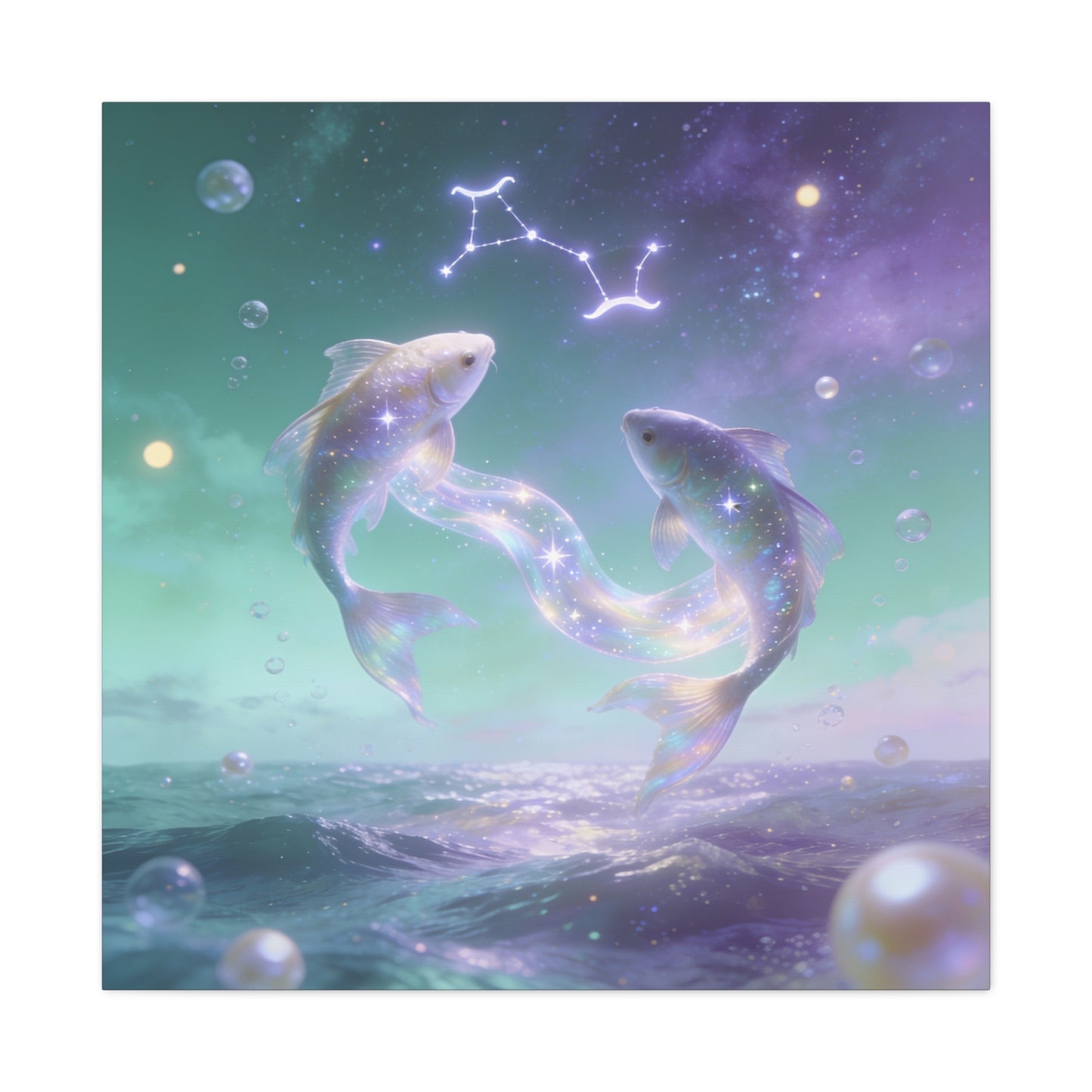 Pisces Fish Canvas Wall Art - Celestial Ocean Zodiac Illustration, Dreamy Aurora Nightscape, Matte Cotton Print, Mystical Bedroom Accent, Meditation Space Piece, Office Interior Style - Ready to Hang