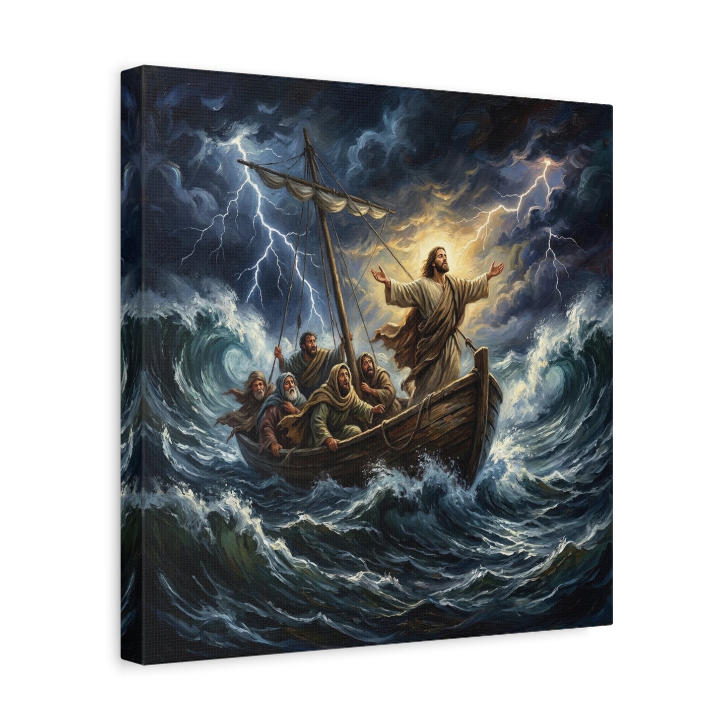 Jesus Calming The Storm Canvas Wall Art - Bible Boat Sea Scene, Dramatic Lightning Waves - Cotton Matte Print - Traditional Religious Decor For Living Room Office Bedroom - Living Room Wall Decor