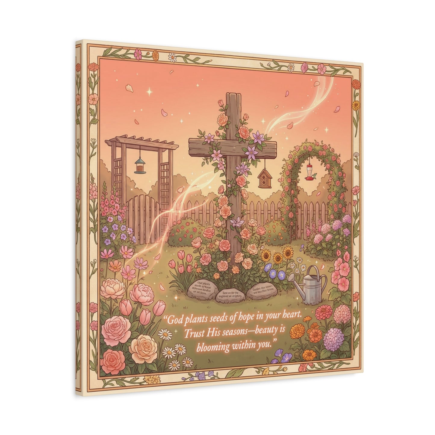"God Plants Seeds Of Hope In Your Heart" Christian Canvas Wall Art - Floral Cross Garden Scripture Print, Matte Cotton Decor - Inspirational Bedroom Home Decoration, Living Room Accent - Ready to Hang