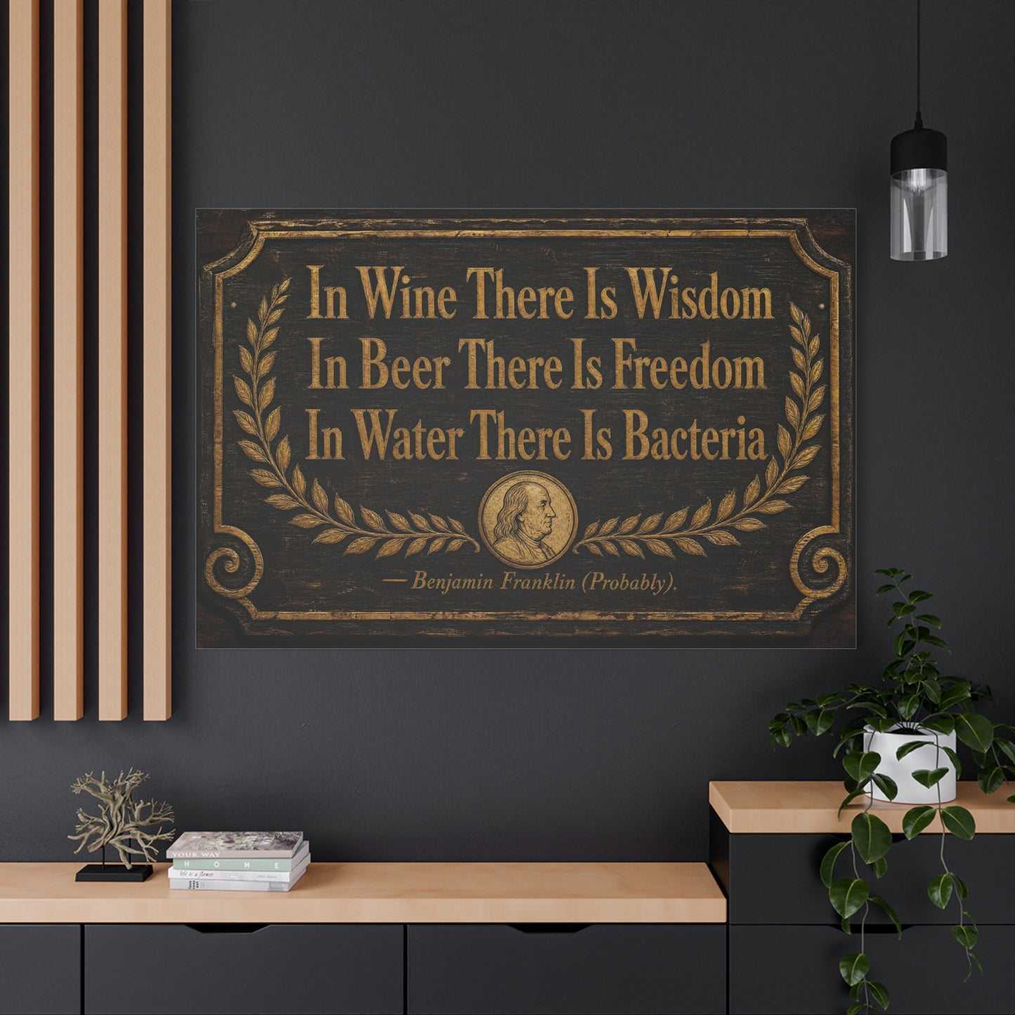 "In Wine There Is Wisdom In Beer There Is Freedom" Canvas Wall Art - Vintage Bar Quote Print, Rustic Tavern Style, Brown Gold Typography Decor, Home Bar - Office Wall Art - Cocktail Lounge Decor