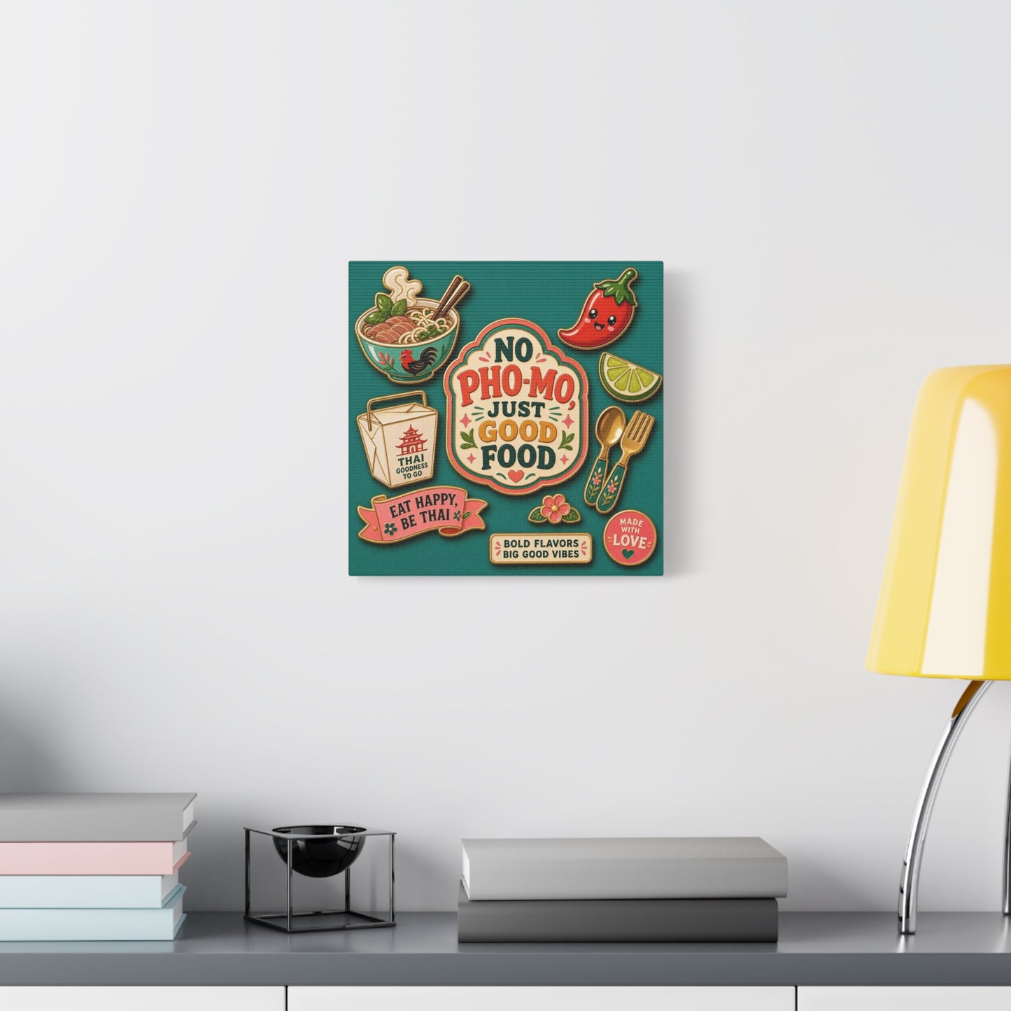 "No Pho-Mo Just Good Food" Canvas Wall Art - Thai Food Quote Kitchen Decor - Colorful Illustration Print, Retro Typography Style - Dining Room Accent, Cafe Wall Decor - Bedroom Home Decoration