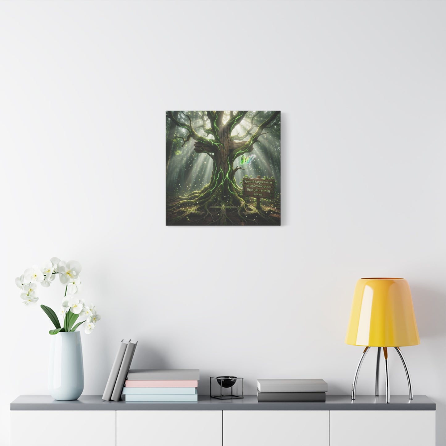 "Growth Happens In The Uncomfortable Spaces, Trust God's Pruning Process" Christian Canvas Wall Art - Forest Tree Cross, Butterfly - Inspirational Rustic Decor - Living Room Wall Decor - Ready to Hang