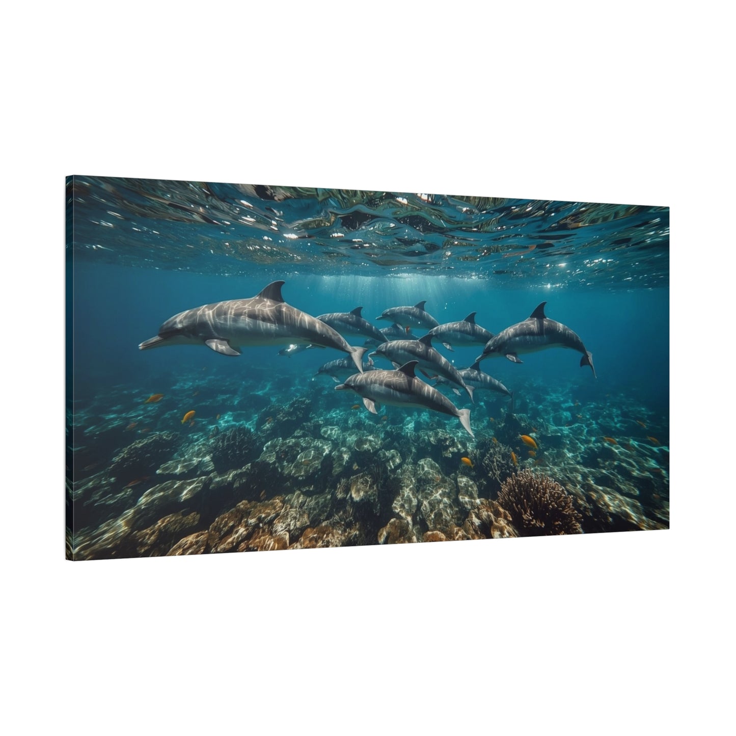 Dolphin School Canvas Wall Art - Underwater Ocean Art Print, Blue Coastal Decor - Matte Canvas Print, Contemporary Seascape Style - Living Room Wall Decor, Bedroom Home Decoration - Ready to Hang
