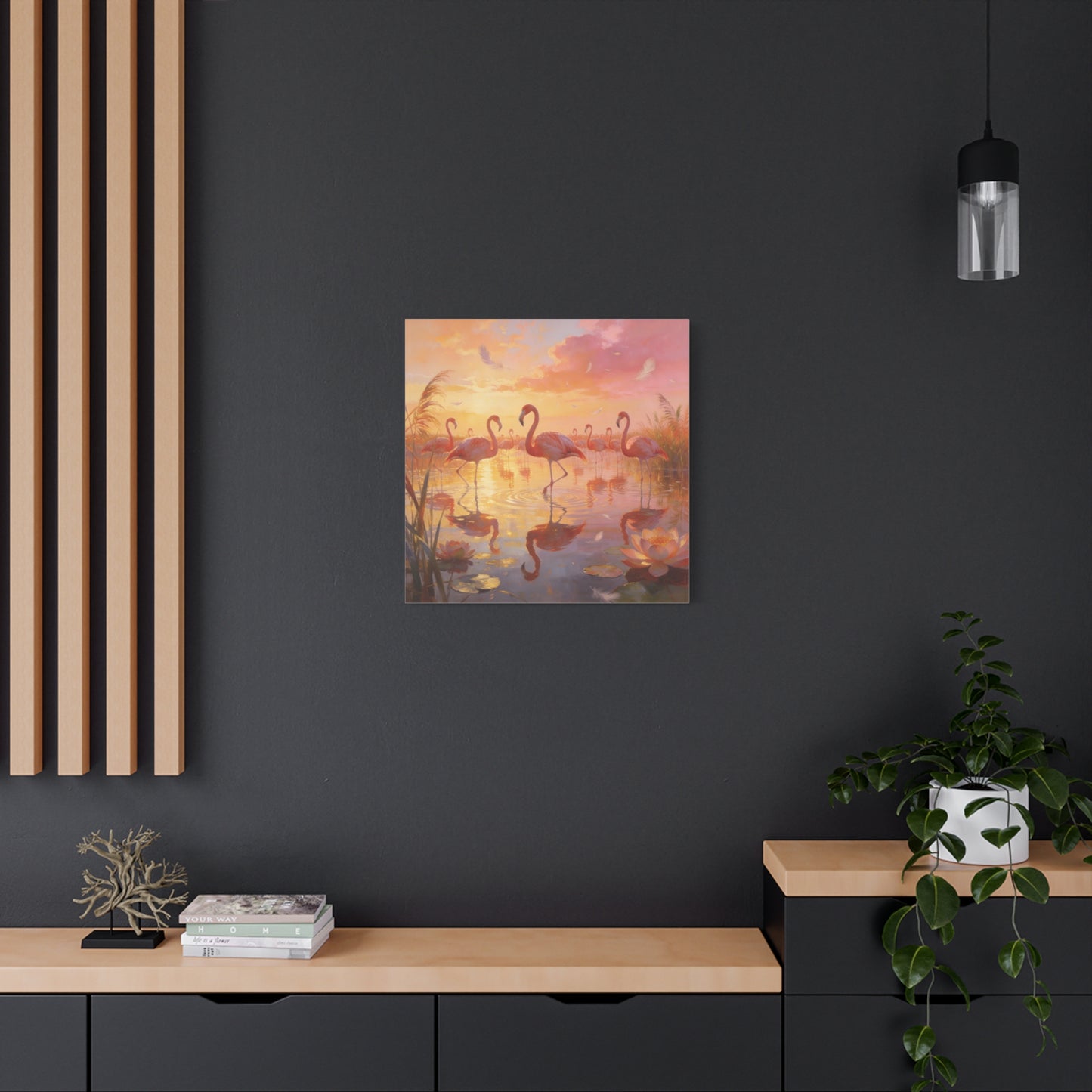 Pink Flamingo Canvas Wall Art - Sunset Wetland Birds, Lotus Pond Reflections - Dreamy Tropical Illustration, Matte Canvas Print - Living Room Wall Decor, Bedroom Home Decoration - Ready to Hang