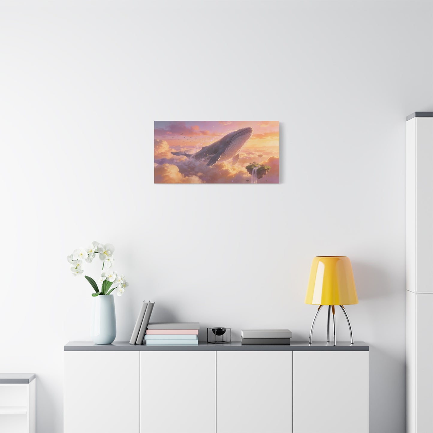 Fantasy Whale Canvas Wall Art - Dreamlike Sky Ocean Scene, Floating Island Waterfall - Matte Cotton Art Print - Surreal Contemporary Style - Living Room Wall Decor Bedroom Accent - Ready to Hang