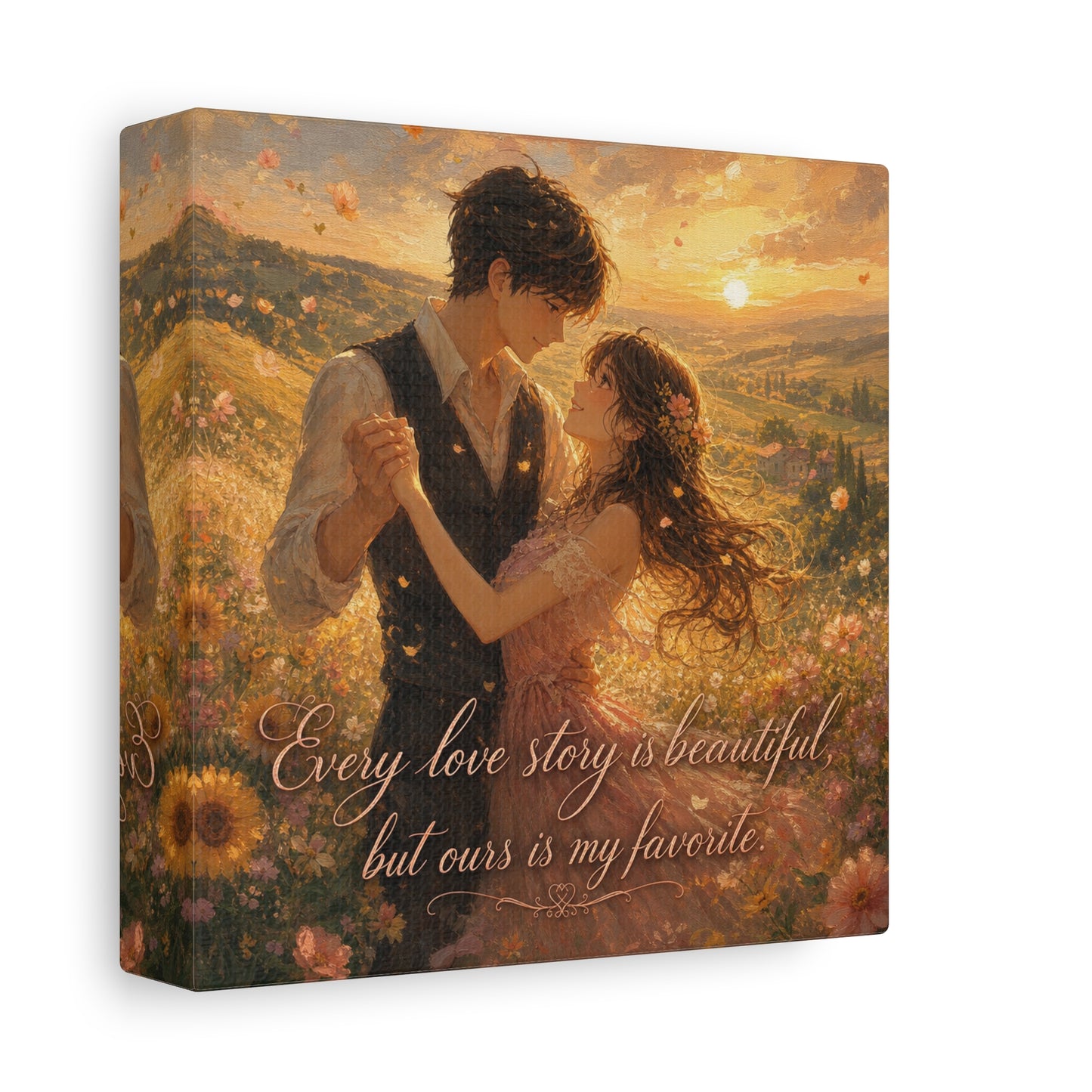 "Every Love Story Is Beautiful, But Ours Is My Favorite" Romantic Couple Canvas Wall Art - Golden Sunset Wildflower Field - Dreamy Rustic Style - Bedroom Wall Decor - Ready to Hang - Ready to Hang