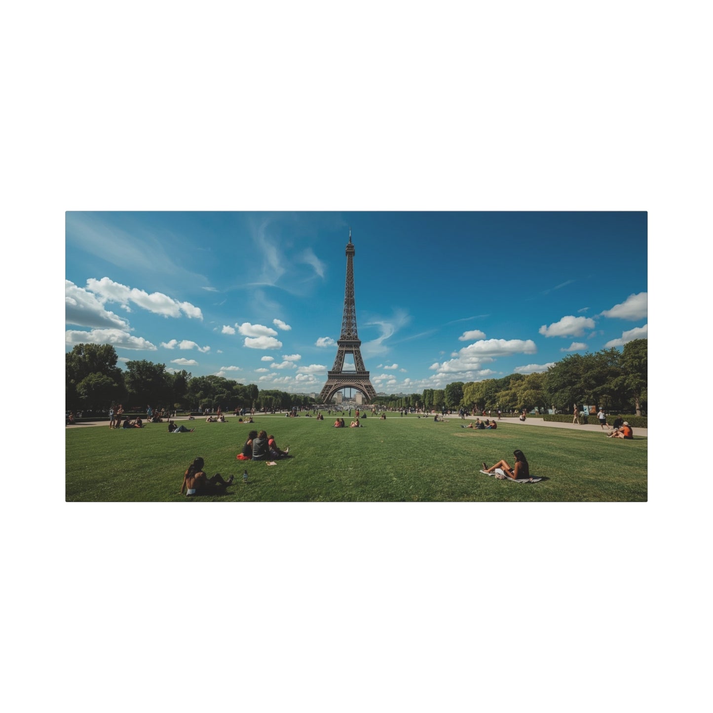 Eiffel Tower Canvas Wall Art Paris Landmark Art Print - Blue Sky, Green Lawn, Travel Cityscape Decor - Matte Cotton Artwork - Living Room Wall Decor, Office Art Accent - Bedroom Home Decoration
