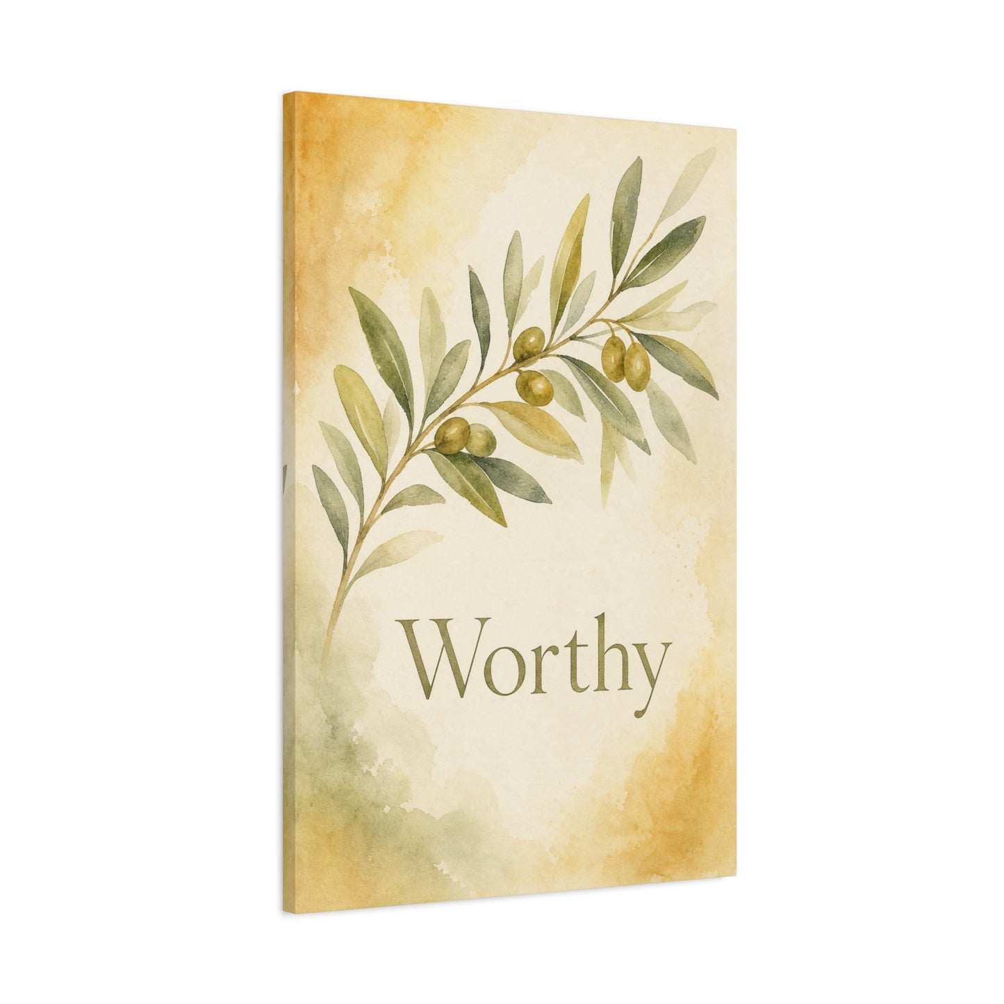 "Worthy" Olive Branch Canvas Wall Art - Botanical Inspirational Wall Decor - Watercolor Sage Gold Canvas Print - Bedroom Living Room Decoration - Ready to Hang - Bedroom Home Decoration