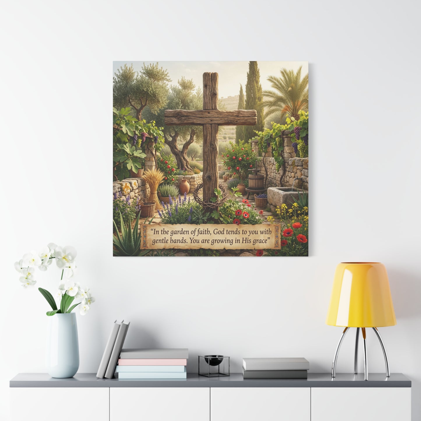 "In The Garden Of Faith, God Tends To You With Gentle Hands. You Are Growing In His Grace" Canvas Wall Art - Rustic Wooden Cross, Christian Garden Scene - Living Room Wall Decor - Ready to Hang