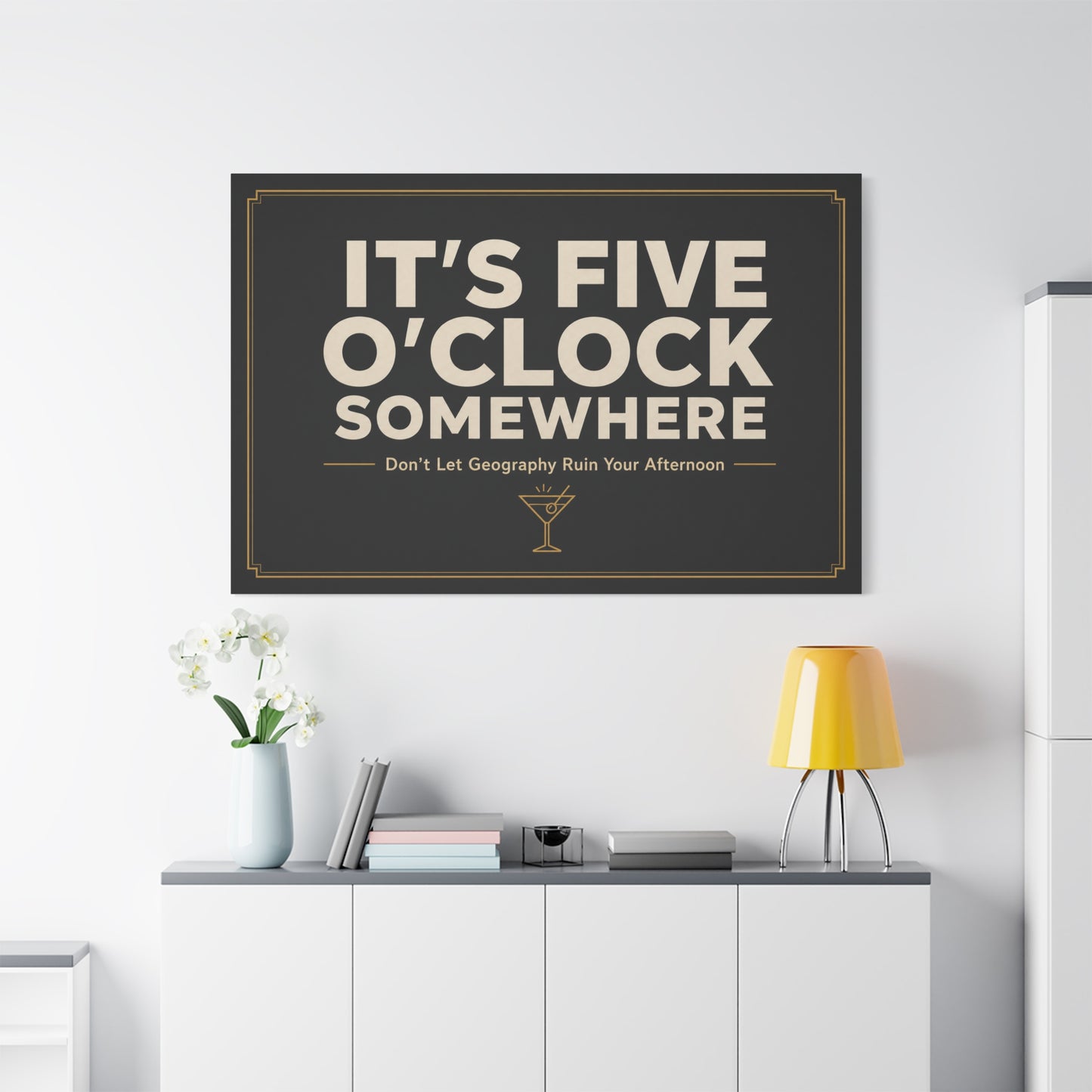 "It's Five O'Clock Somewhere" Typography Canvas Wall Art - Funny Cocktail Quote Decor, Black And Gold Minimalist Bar Cart Lounge Accent - Ready to Hang - Pub Wall Art - Cocktail Lounge Decor