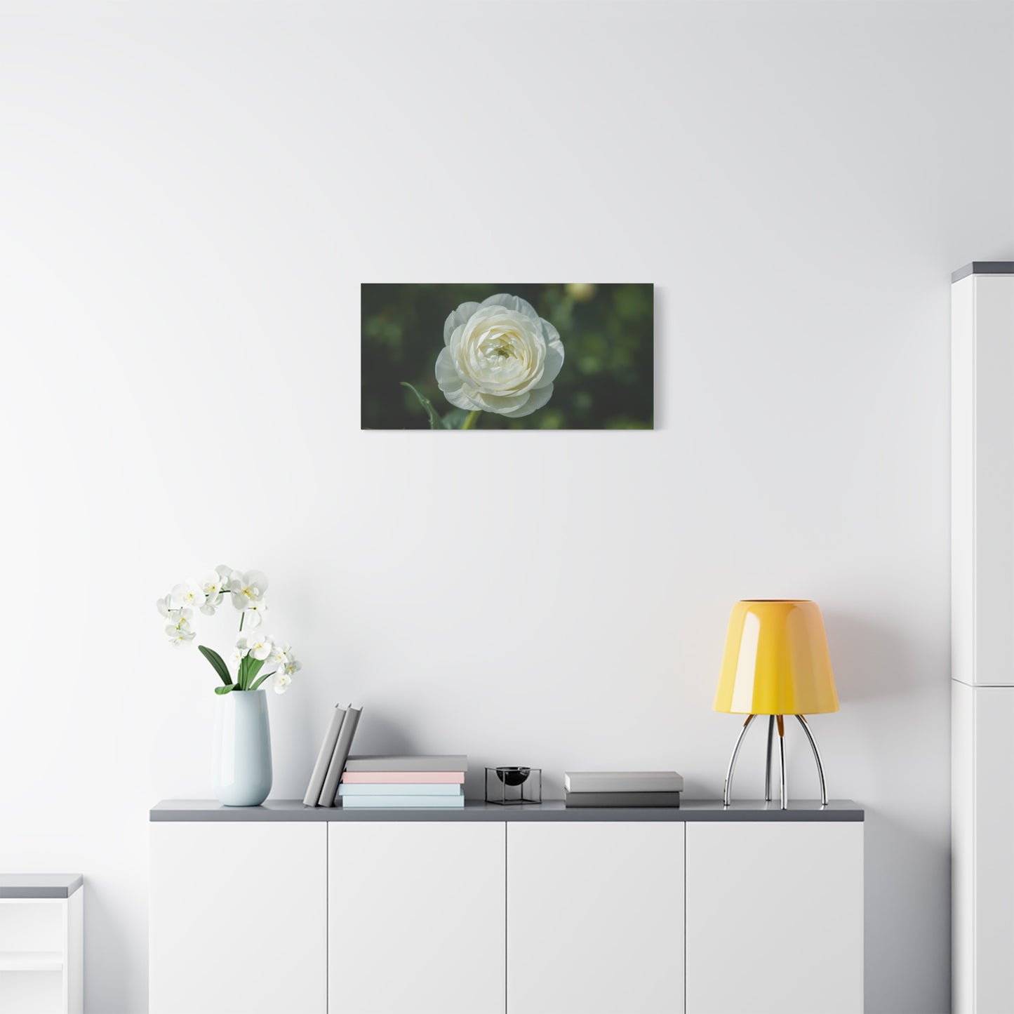 White Ranunculus Flower Canvas Wall Art - Botanical Floral Art Print - Soft Green Background, Matte Cotton Decor - Bedroom Wall Hanging, Bathroom Accent, Spa Style - Bedroom Home Decoration